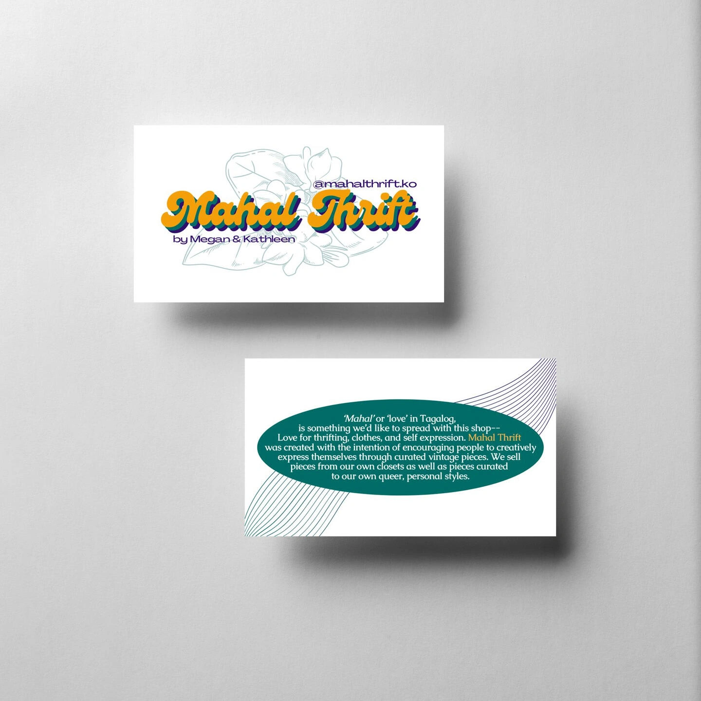 Original business card with logo for Mahal Thrift est. 2020.