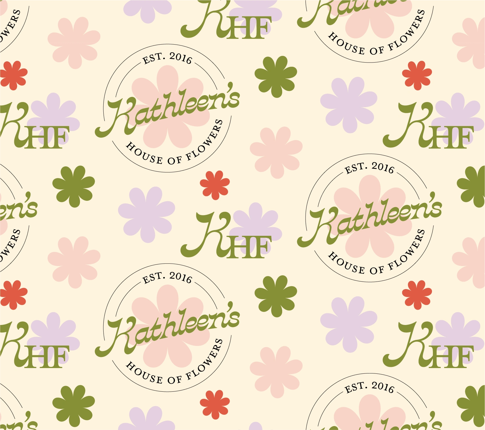 A look at the custom branded pattern for Kathleen’s House of Flowers, incorporating delicate floral elements to enhance the business’s fresh and inviting identity.