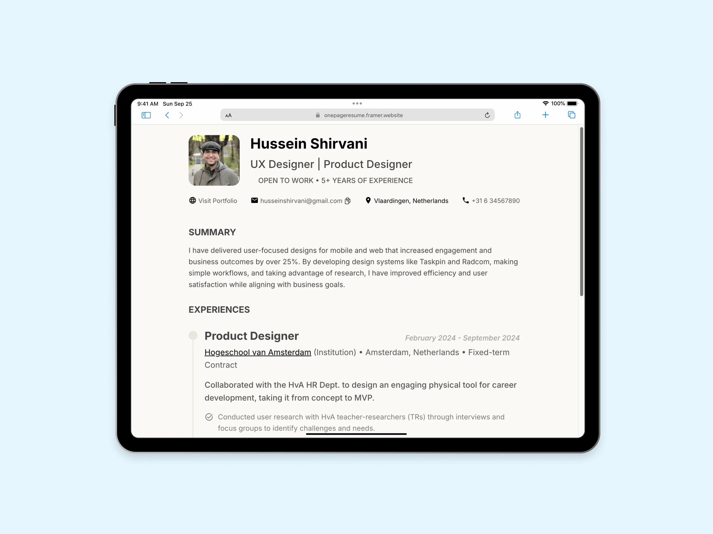 OnePageResume - Tablet