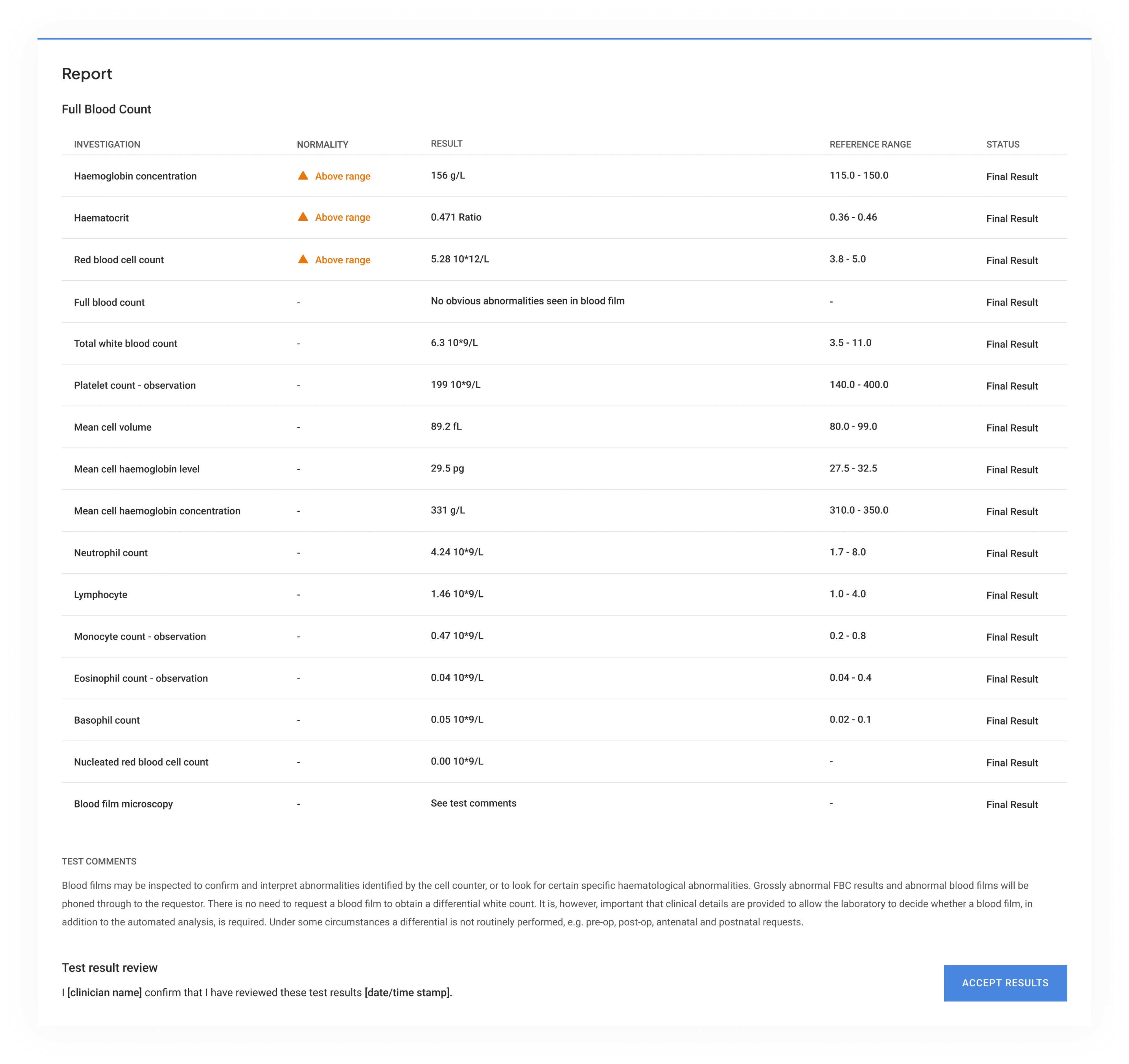 Test results report module