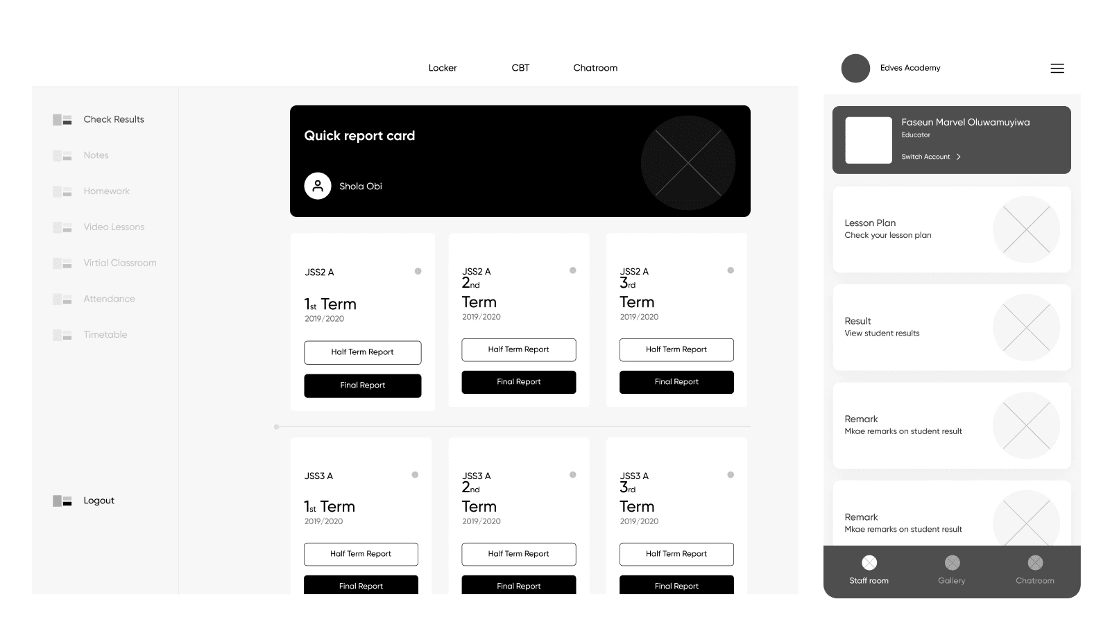 Left: Web portal wireframe, Right: Mobile wireframe