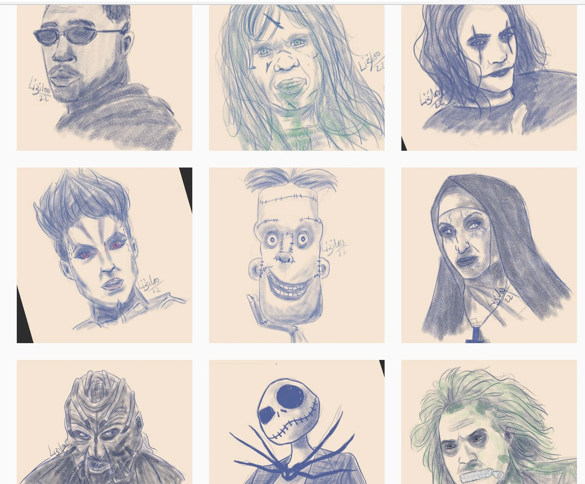 Sketches of popular horror characters.