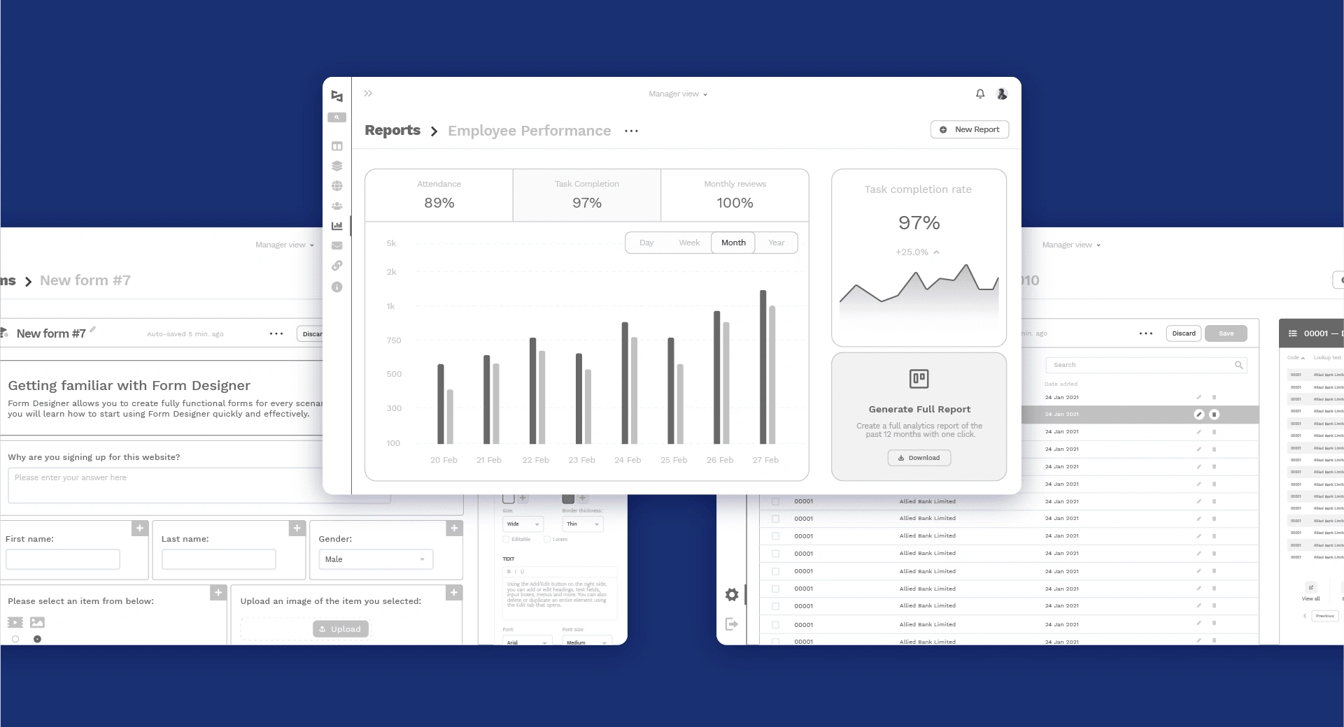 Dashboard, analytics, and form designer wireframes