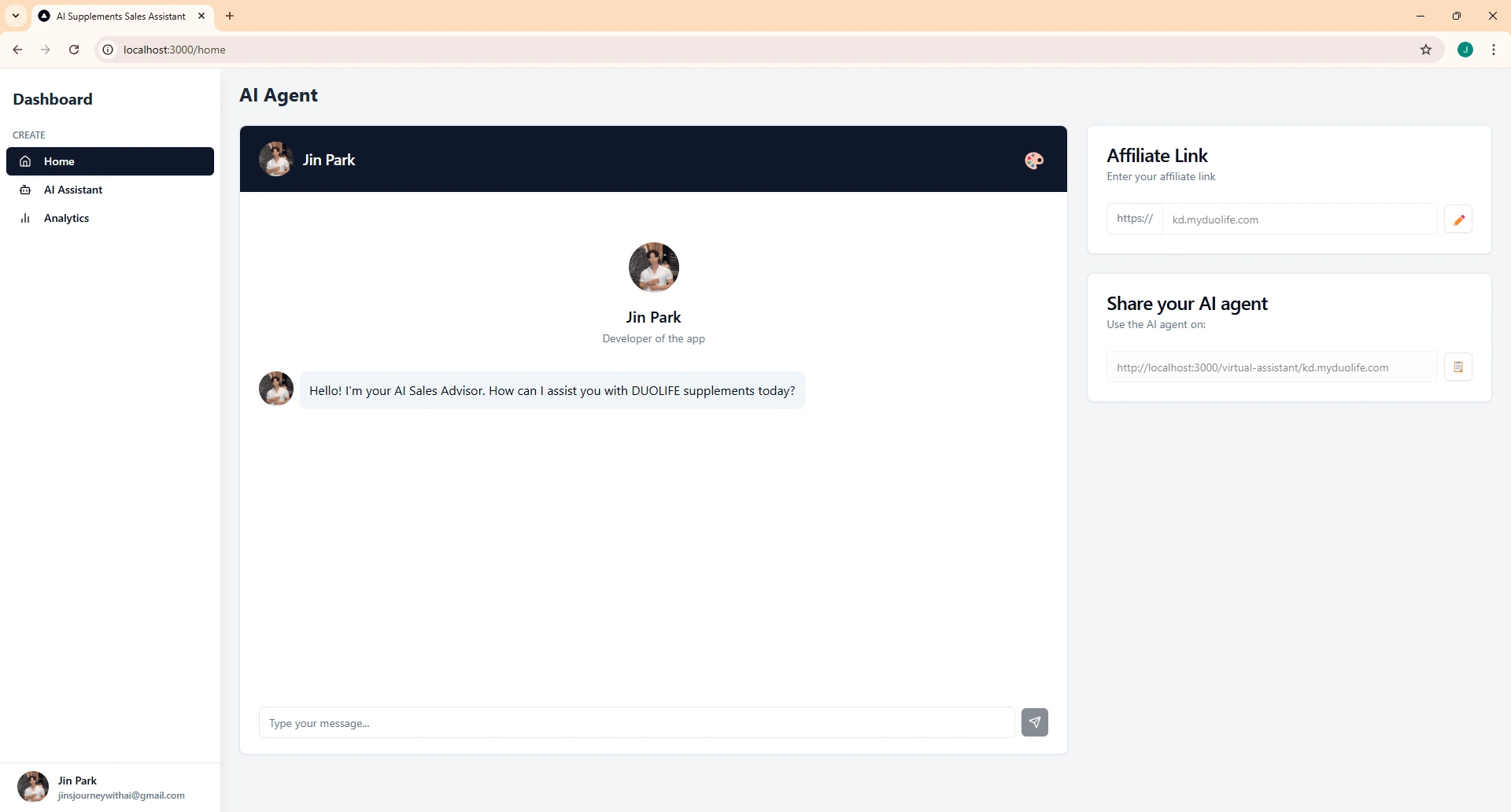 This is the main page where DUOLIFE's affiliate members can test their AI chat agent, update their affiliate link, and copy the link to their AI agent.