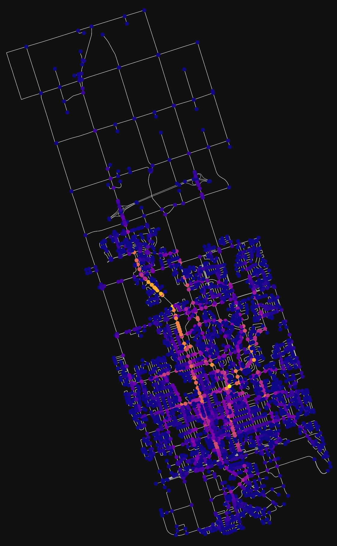 Ranked color nodes on betweenness centrality of Oshawa