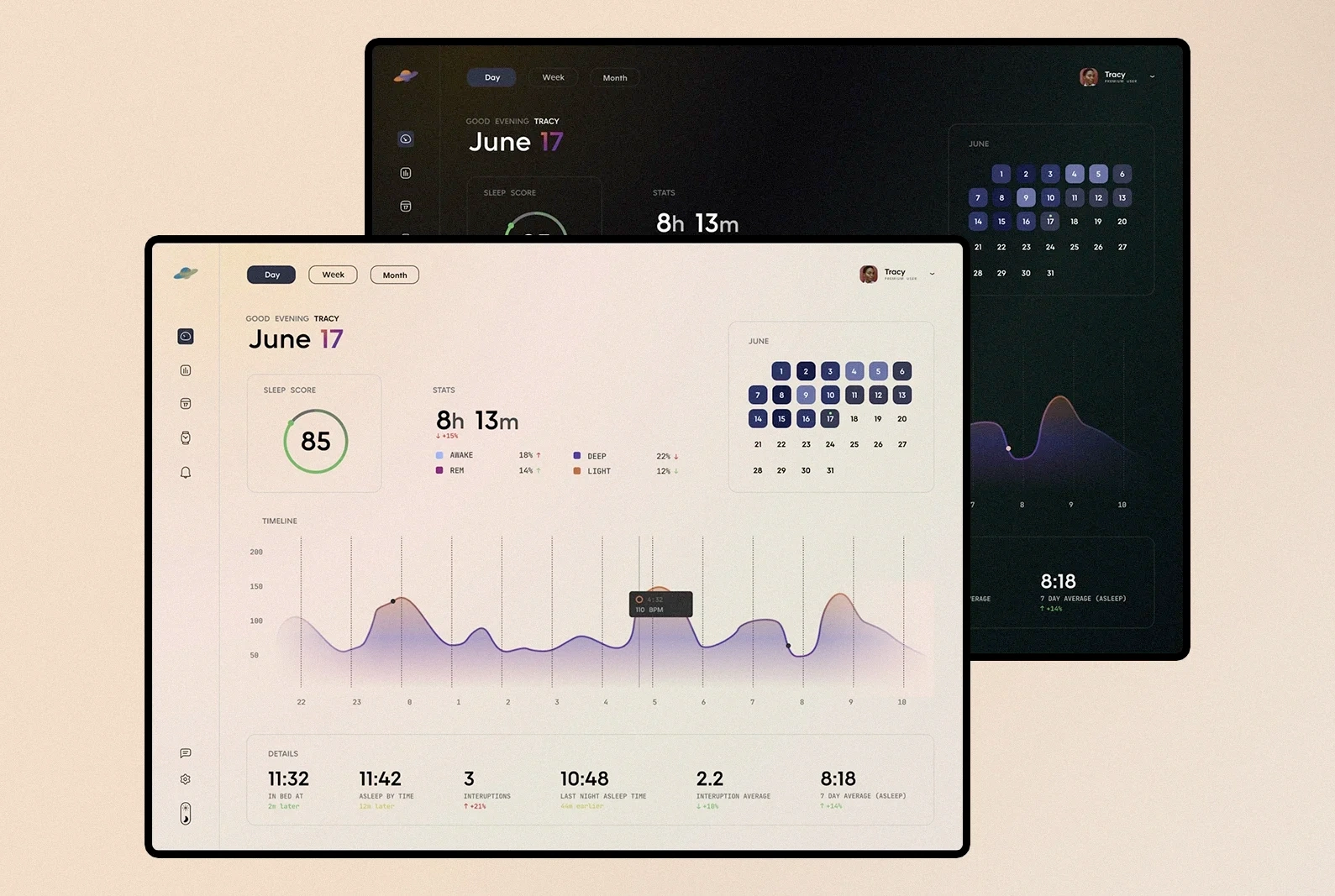 Tablet dashboard with both light and dark mode