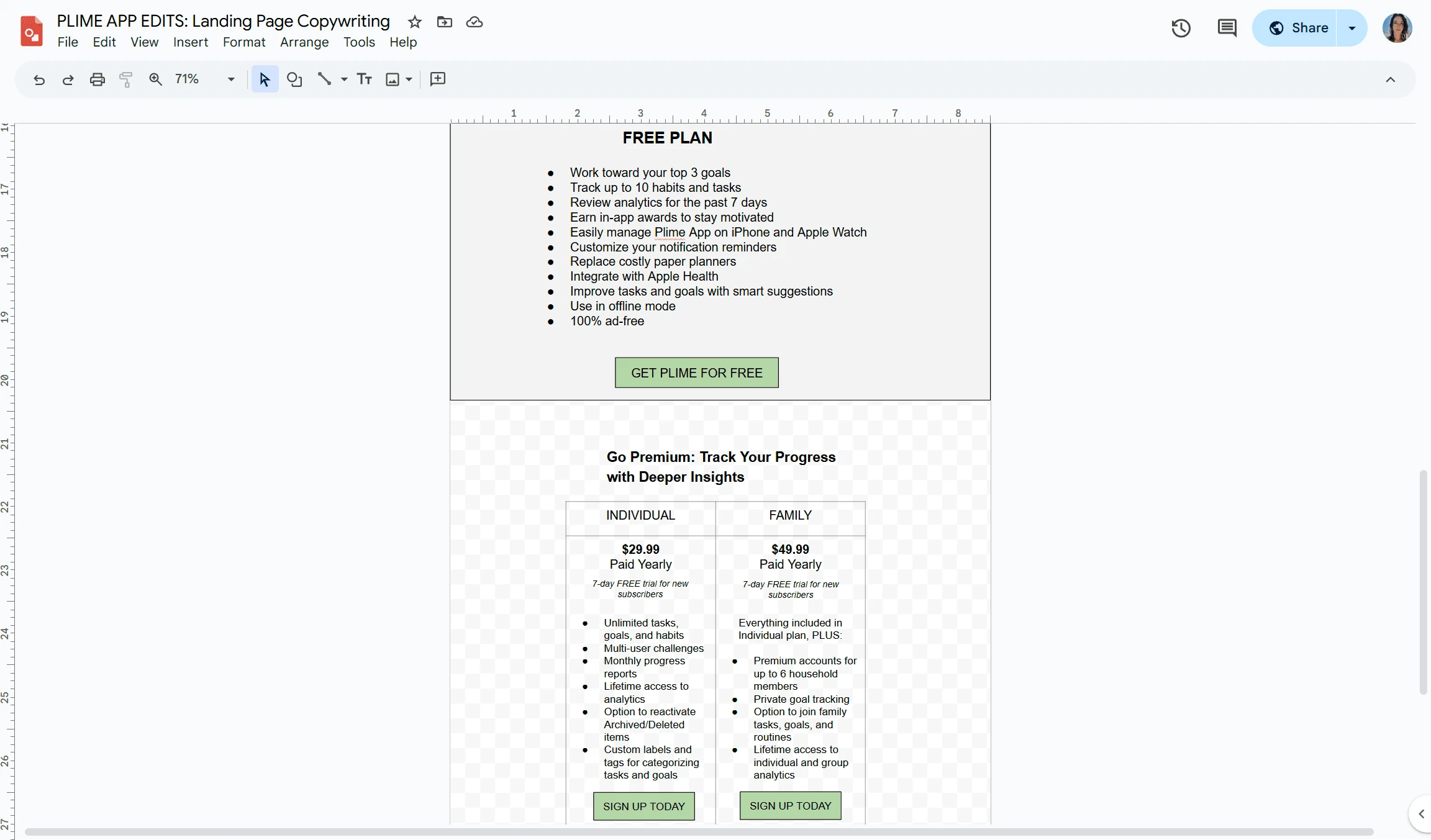 Wireframe of Free Plan features vs. Premium options.