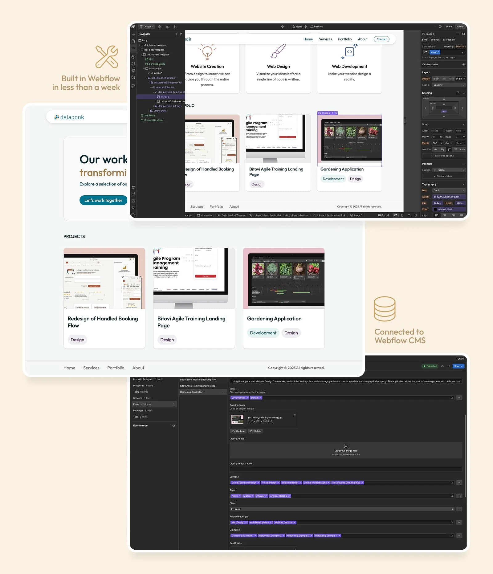 Shown from the top to bottom: Webflow design UI, the implemented website, and Webflow CMS.