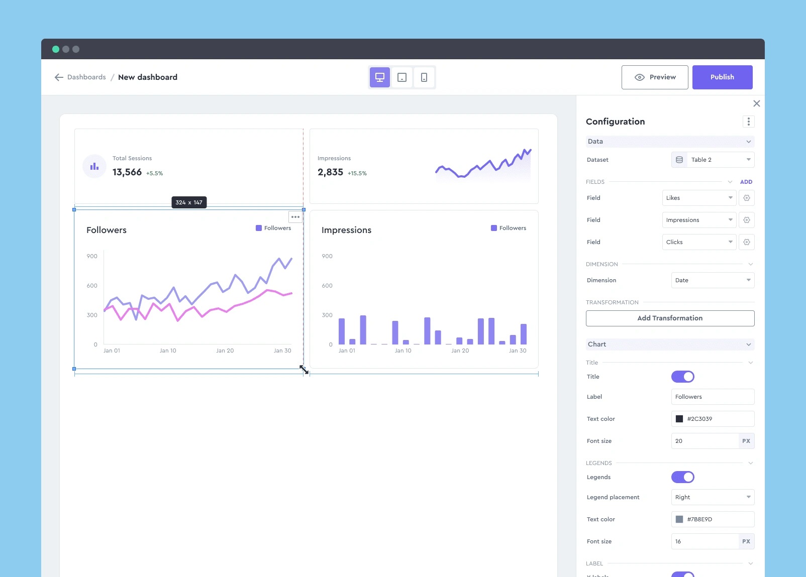 Resizing the component in the dashboard and showing the alignment guidance line 