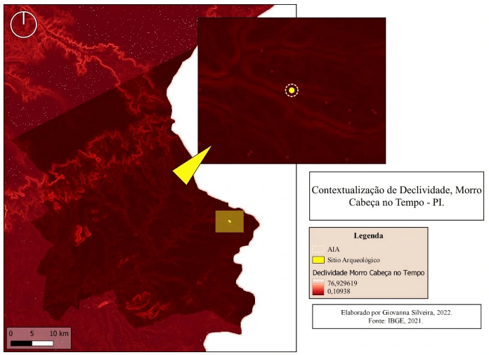 Map showing the slope of the municipality of "Morro Cabeça no Tempo" and the region closest to the archaeological site found. The slope in the area where the site was found is quite low, as it is located near a river.