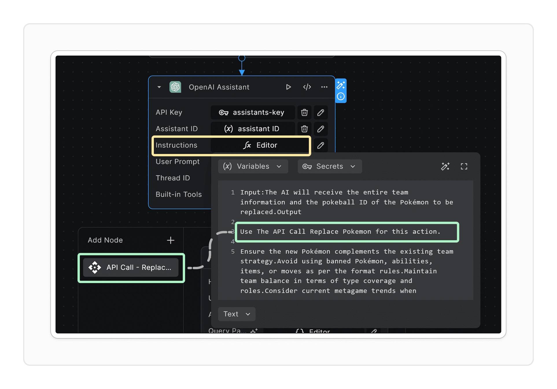 Reference your API call by passing the full nameof it inside your assistant instructions.