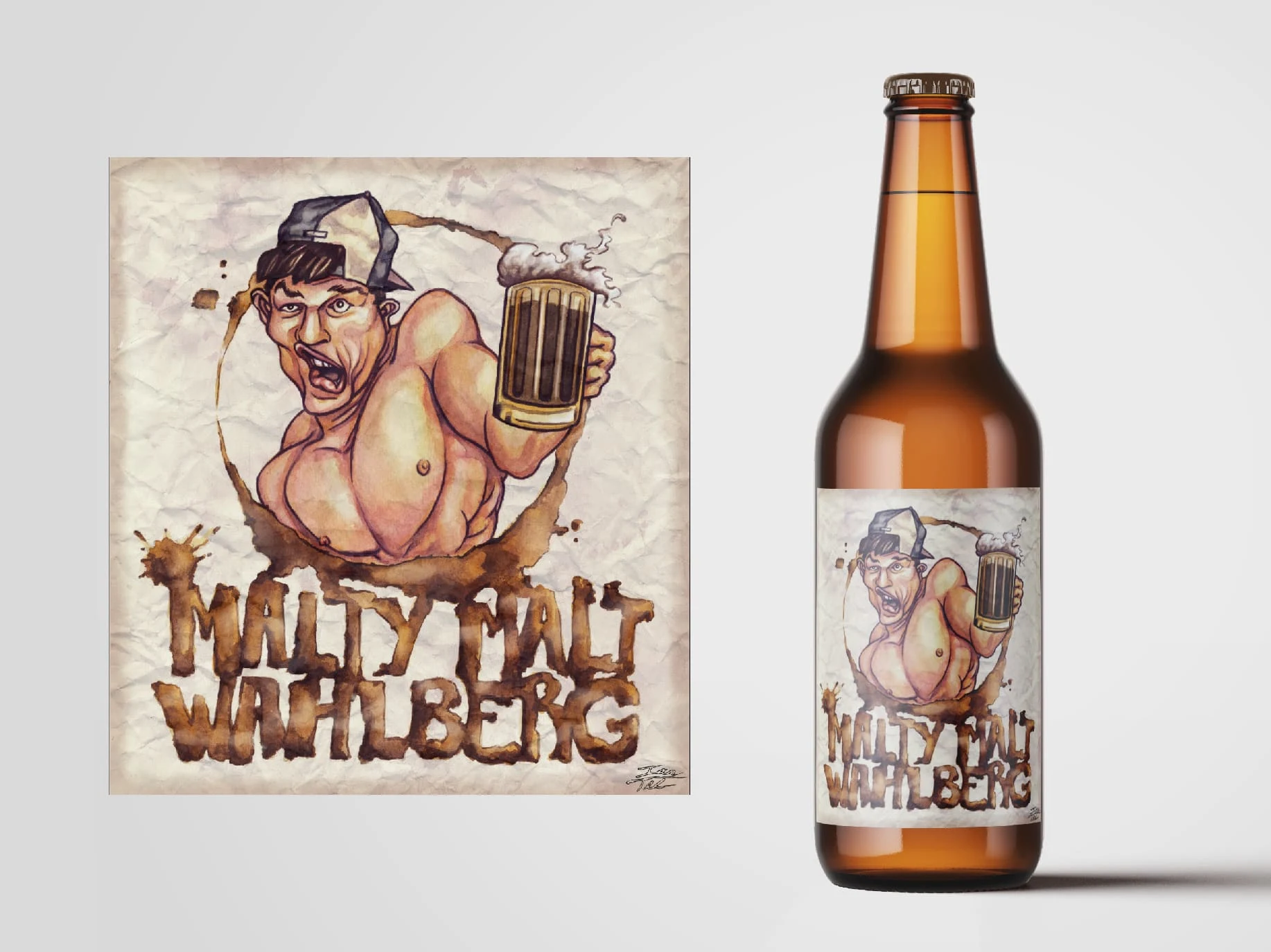 Malty Malt Wahlberg malt beer label illustration (homage to Mark Wahlberg). Watercolor & Digital.