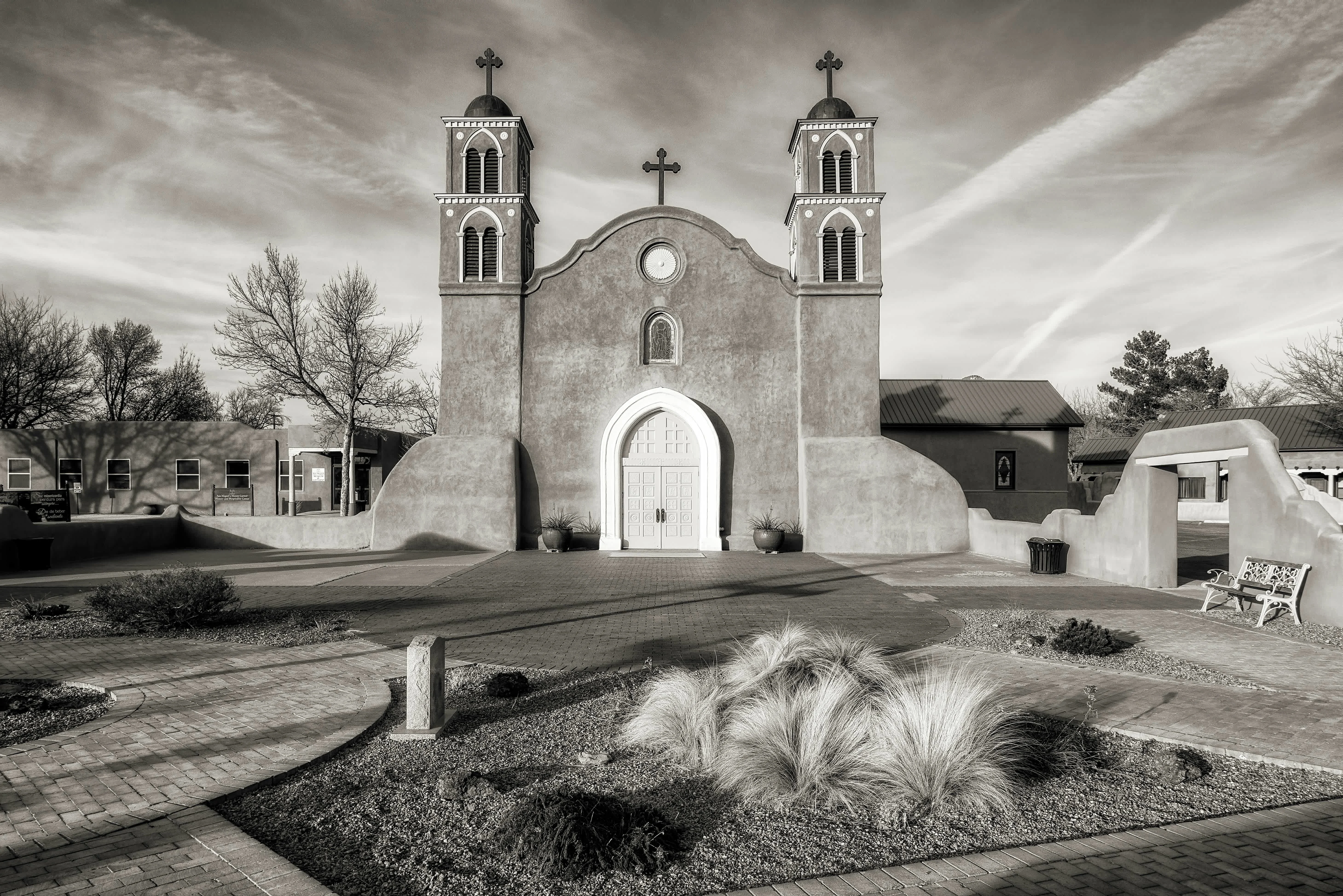 San Miguel Mission Church in Socorro, baptismal location of Vicente's wife, Telesfora Sandoval, who was born in nearby Lemitar. Photo by Claud Richmond via Unsplash.