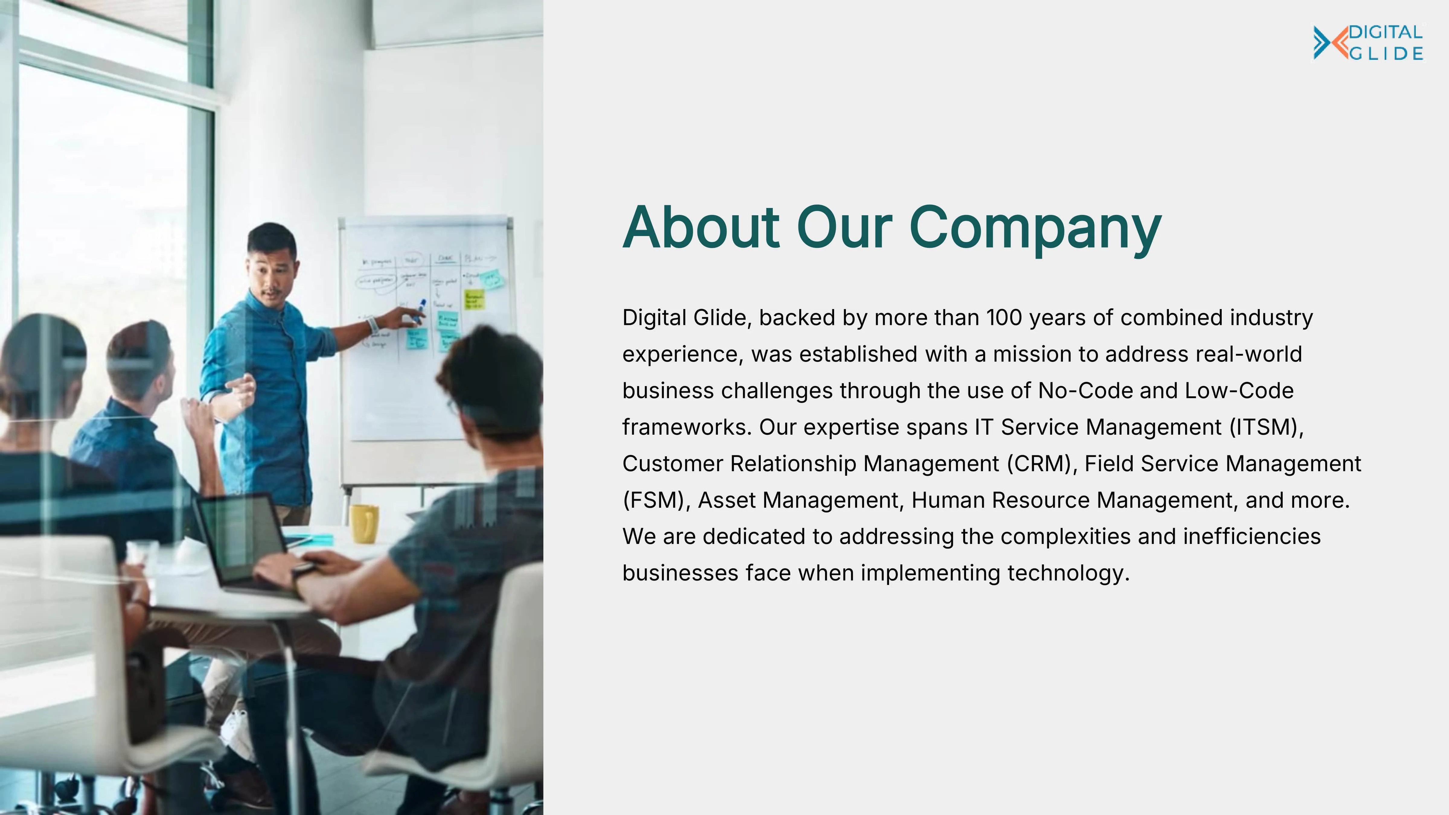 An overview slide detailing the company's mission, expertise in low-code and no-code solutions, and a commitment to addressing real-world business challenges.