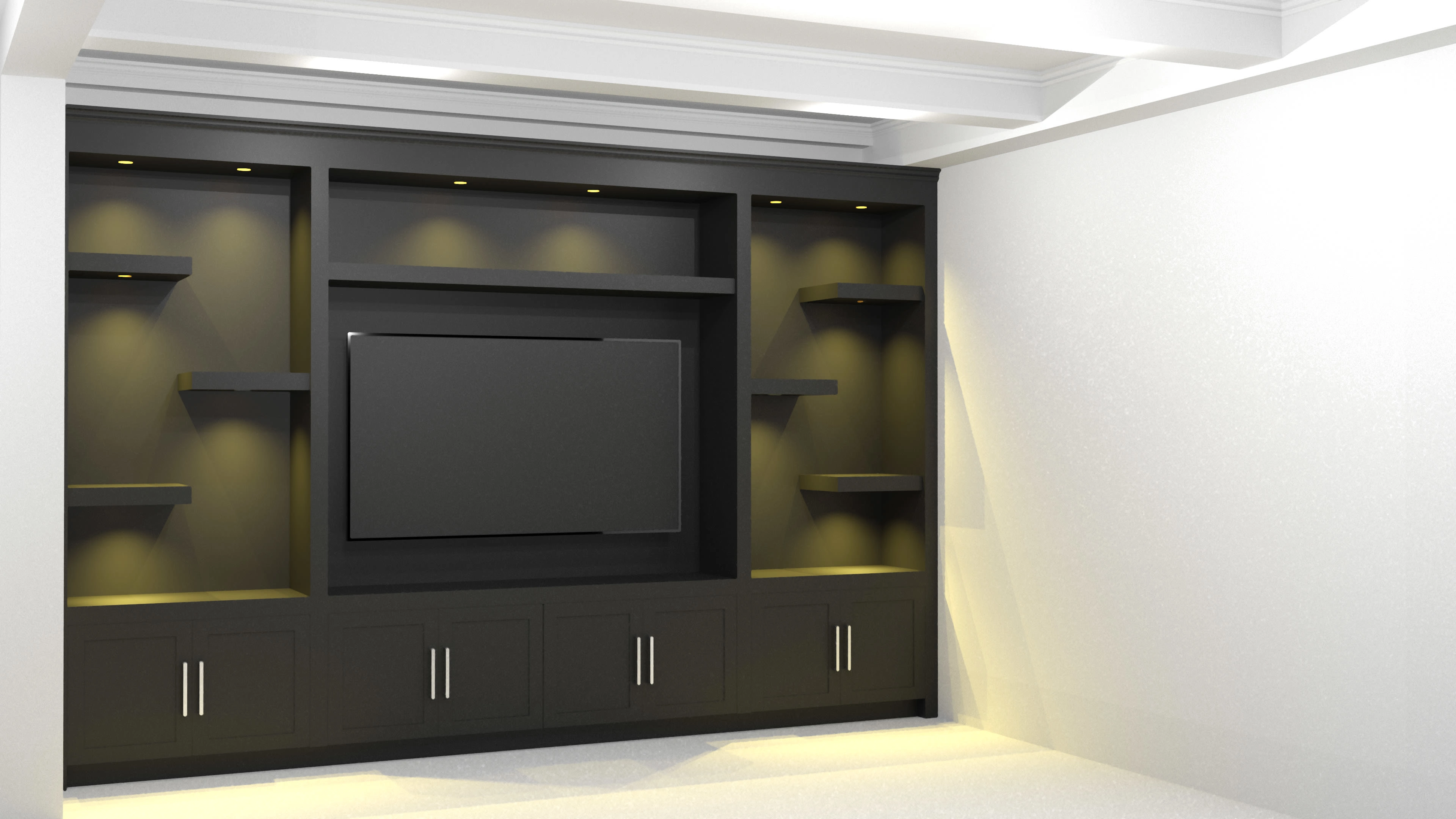 This T.V. unit was designed per the customer's instructions and it has been rendered following the lighting temperature color selected by the client.