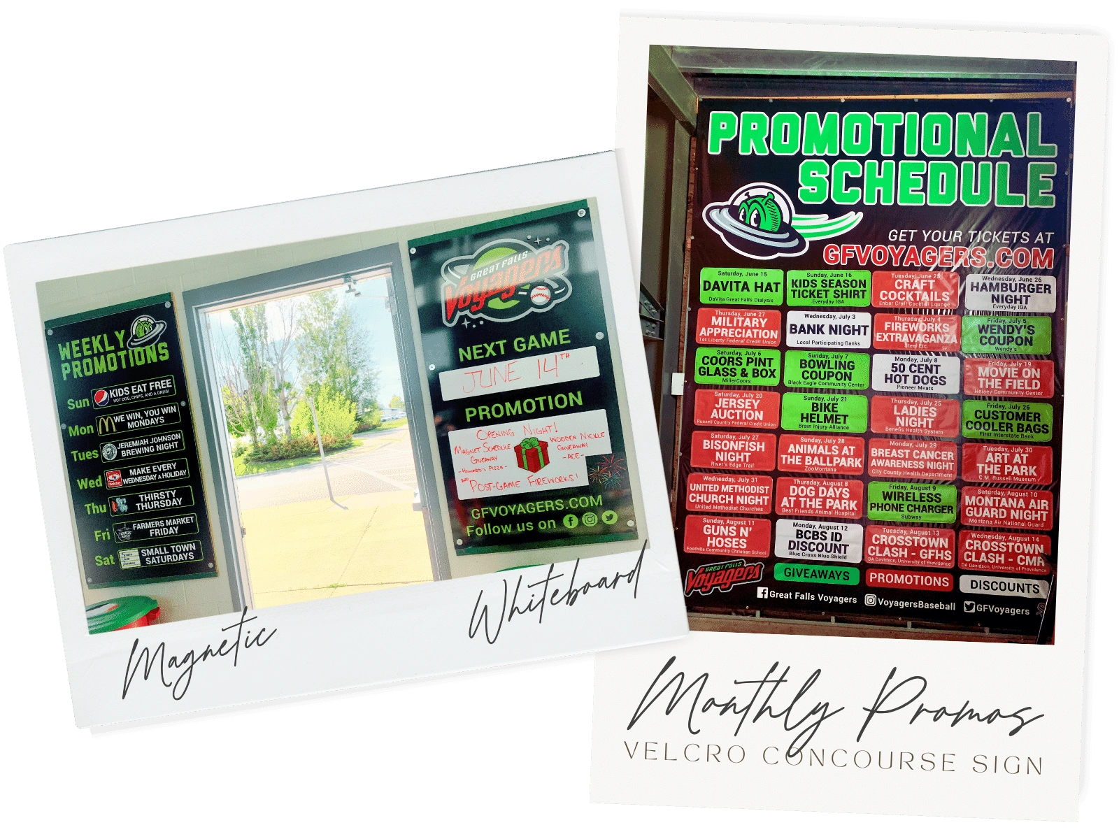 Creative signage designed using InDesign. Left: Magnetic sign with removable promotions slots. Middle: Whiteboard. Right: Vinyl sign with removable velcro promotional slots.