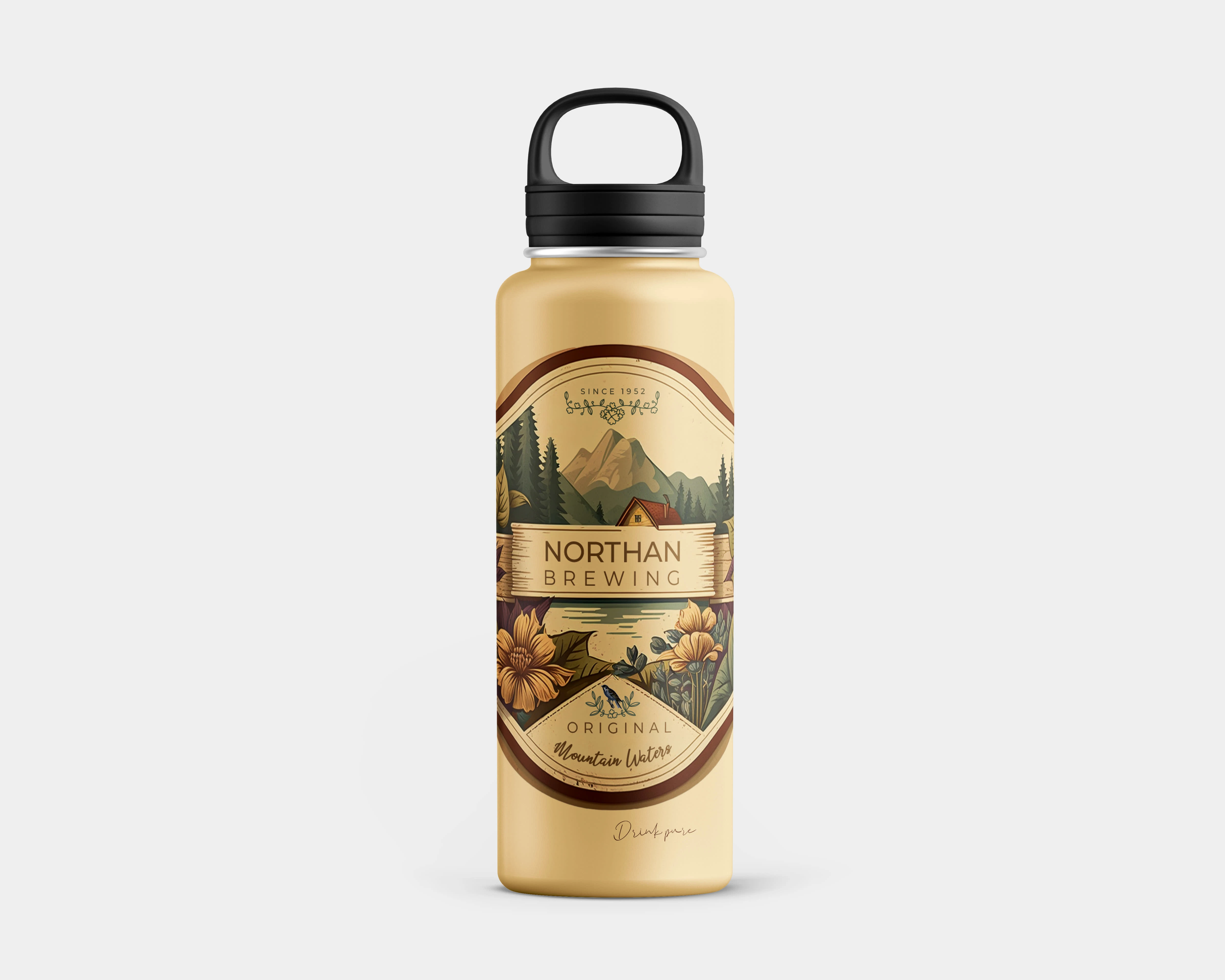 Front view mountain water bottle label design