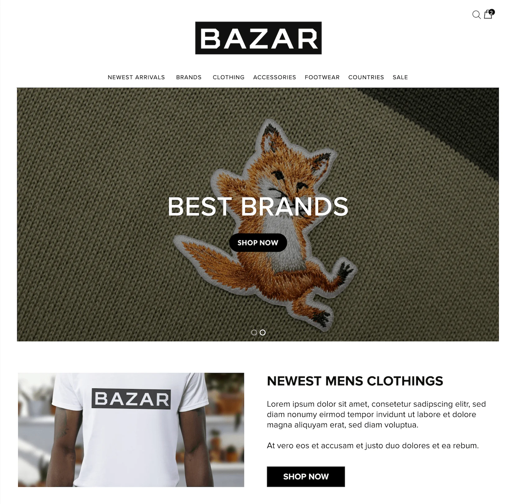 Homepage of the e-commerce shop page