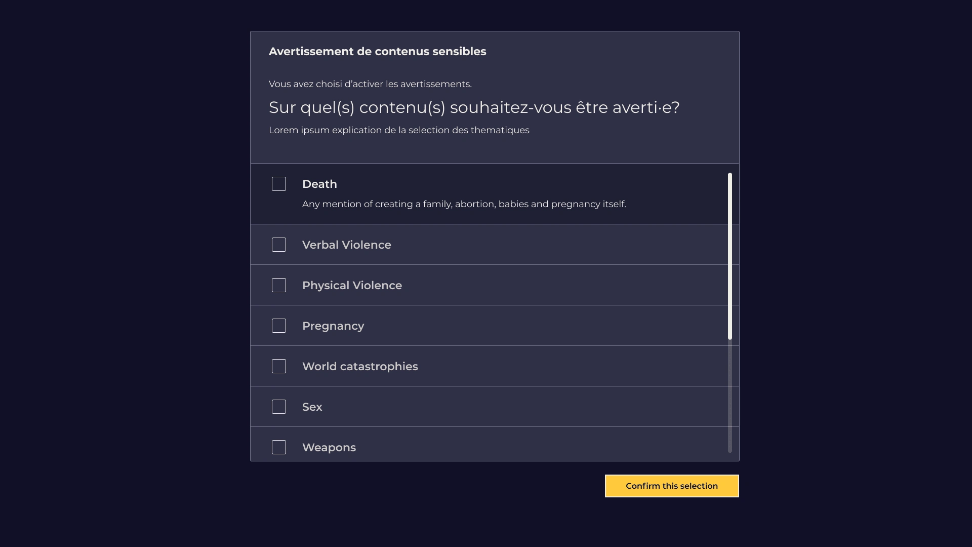 Selection screen of the sensitive topics that appear in the game