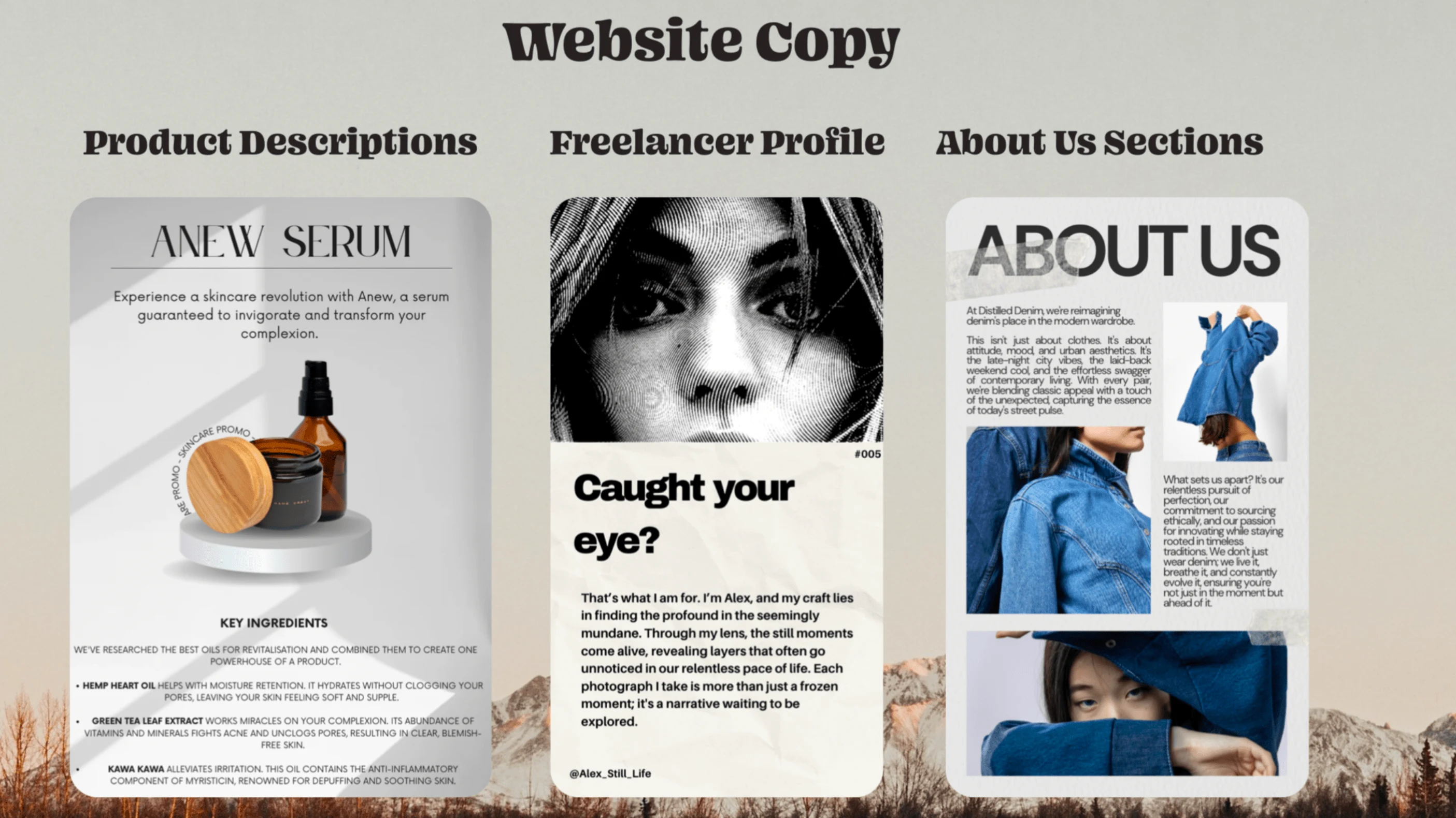 Various website copy tailored to fit a client's unique brand. 