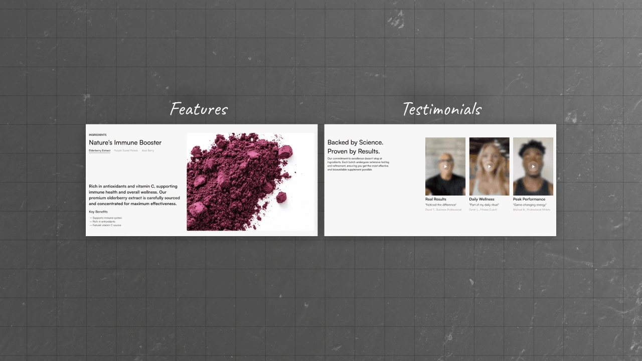 Interactive components for the supplement's ingredients and user testimonials.