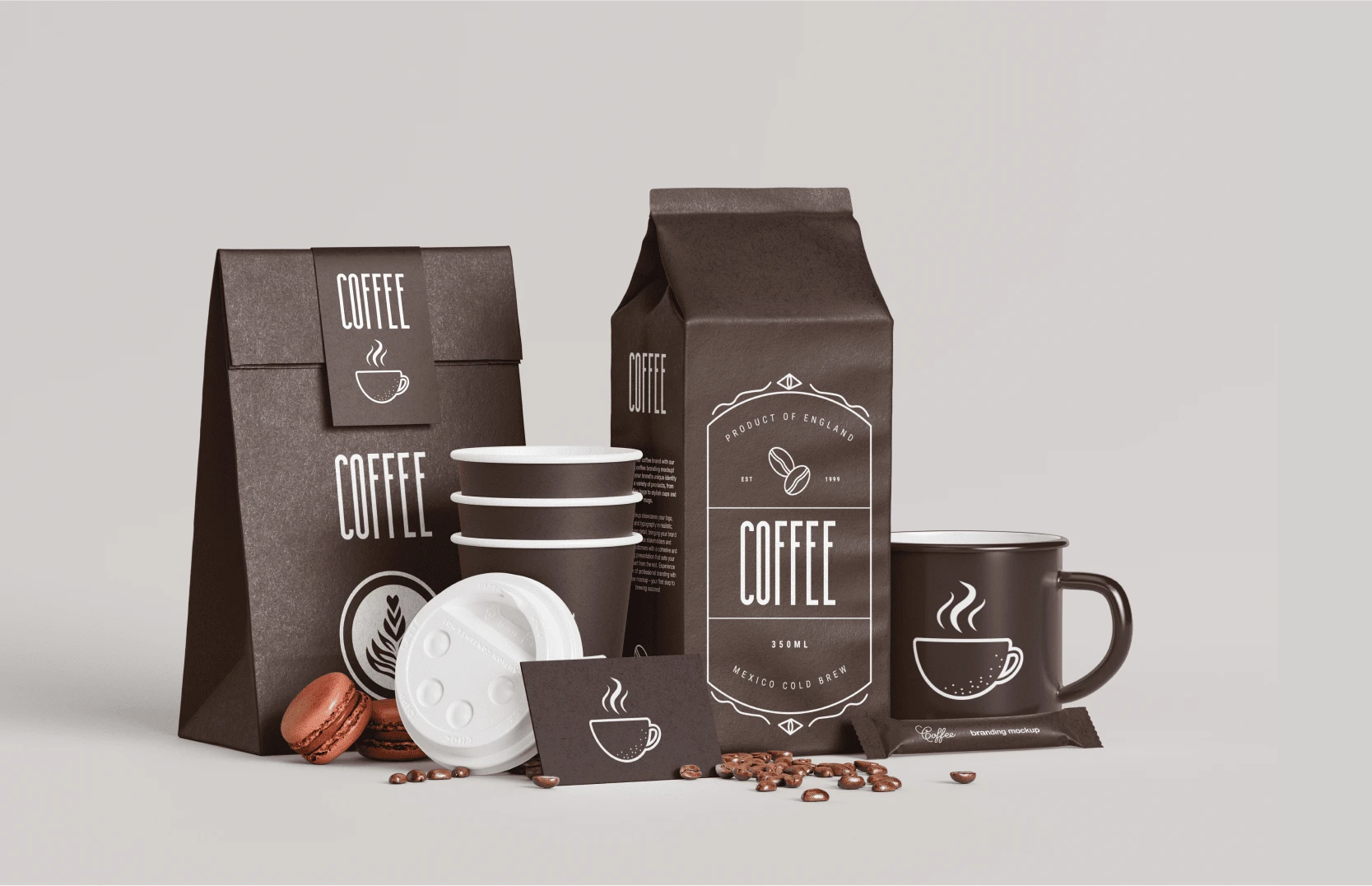 Coffee Packaging: Premium coffee packaging with a modern and clean aesthetic.