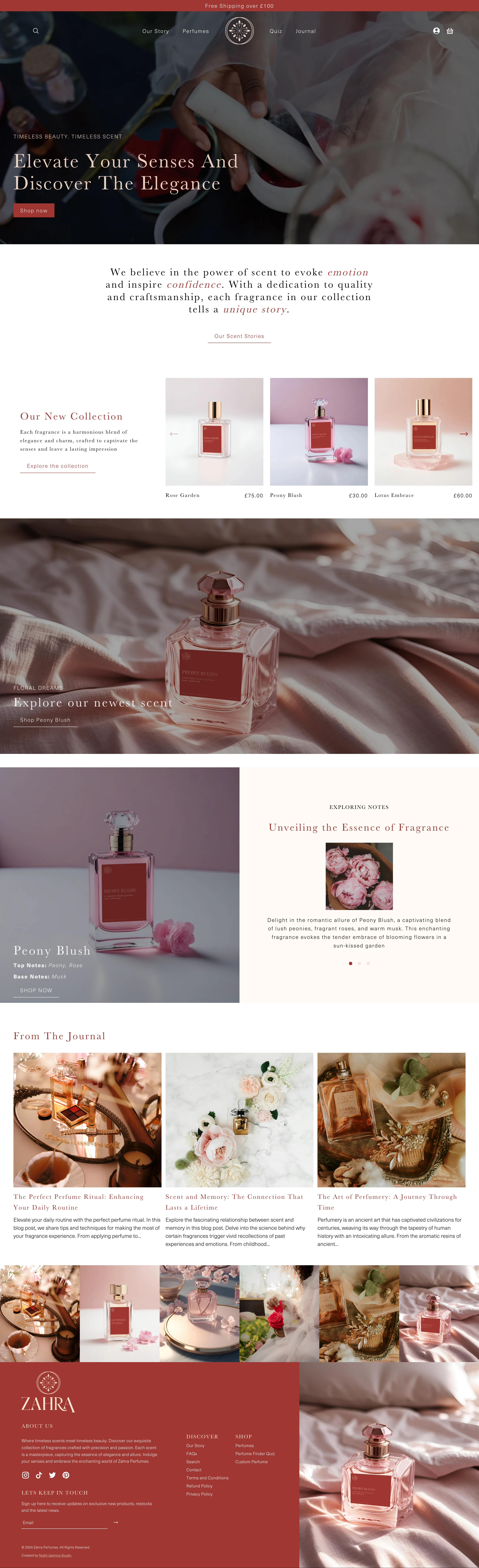 An image showing the entire homepage for Zahra Perfumes