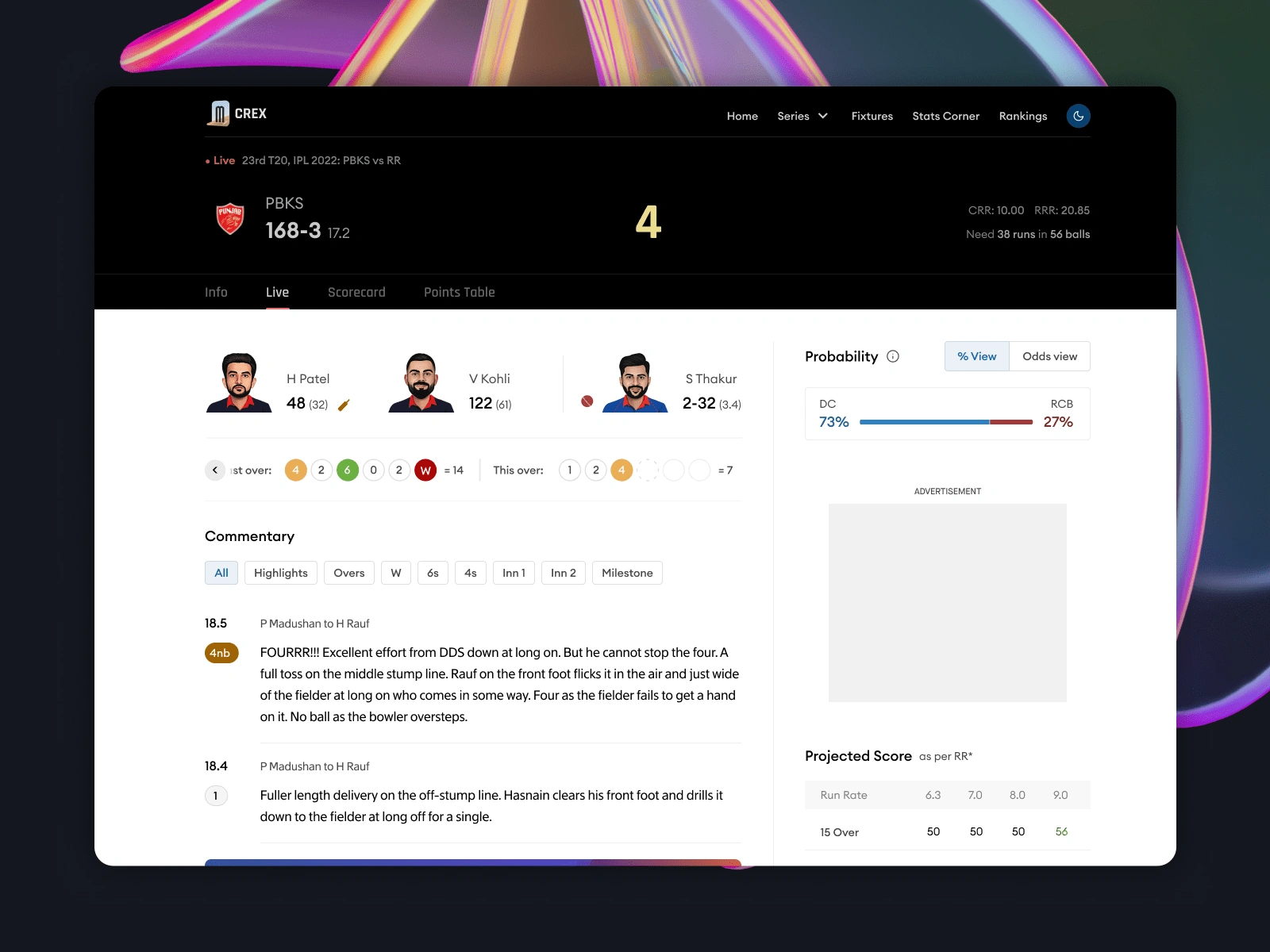 Live Match Page, Light Theme