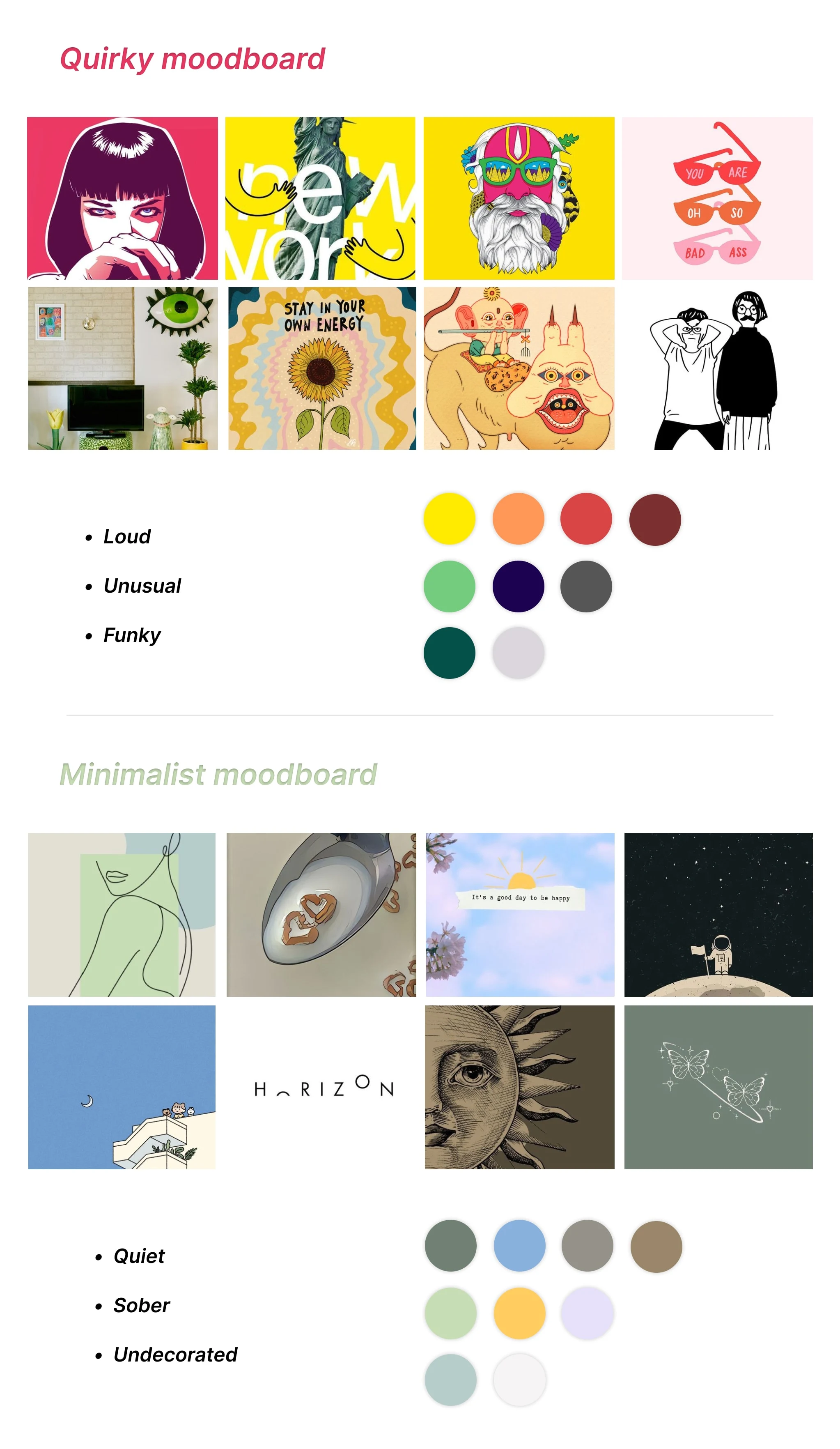 Two different moodboards for a minimal and quirky style