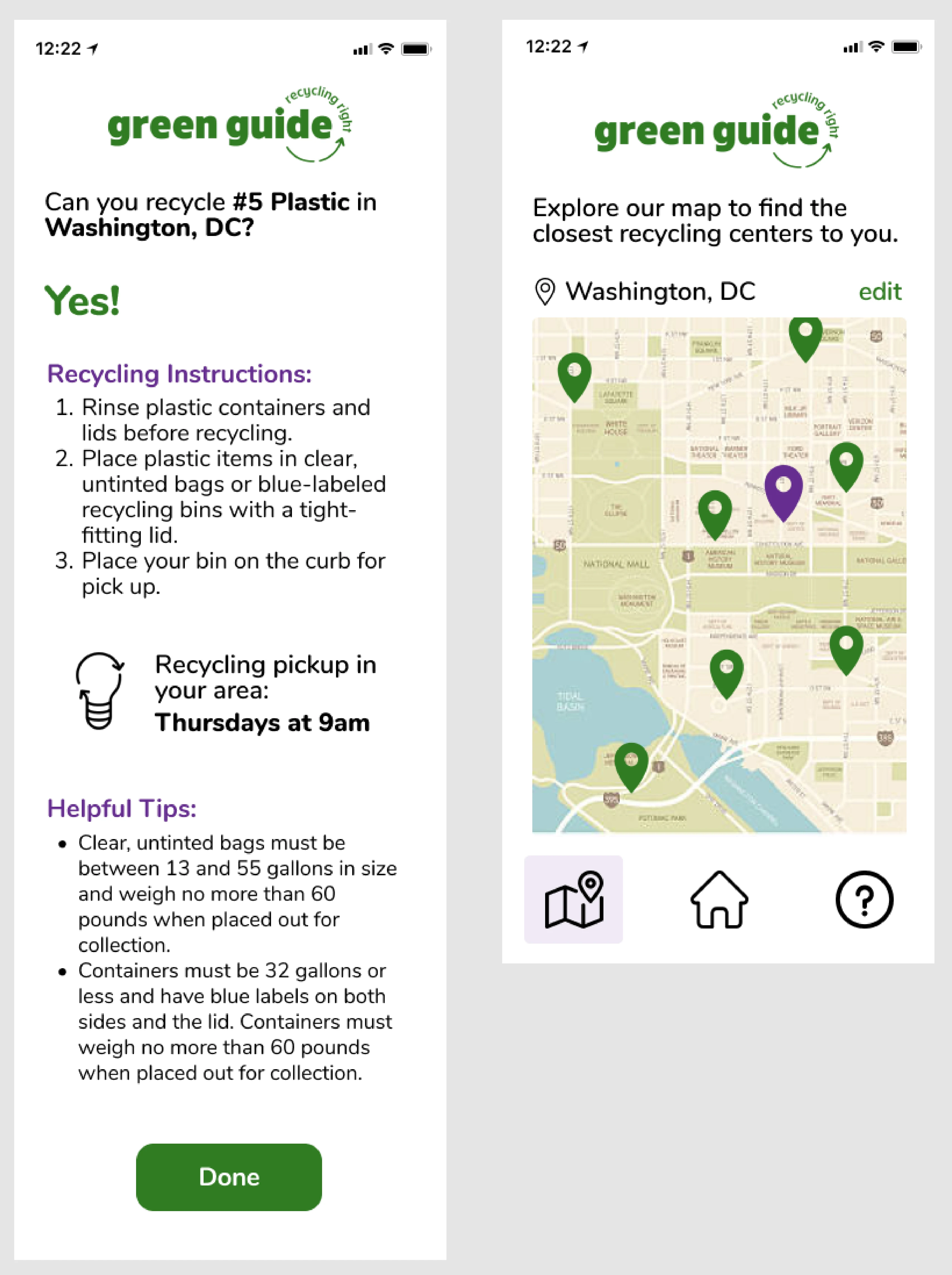 App pages include How-To Recycle Resource page and Recycling Center Locator page.