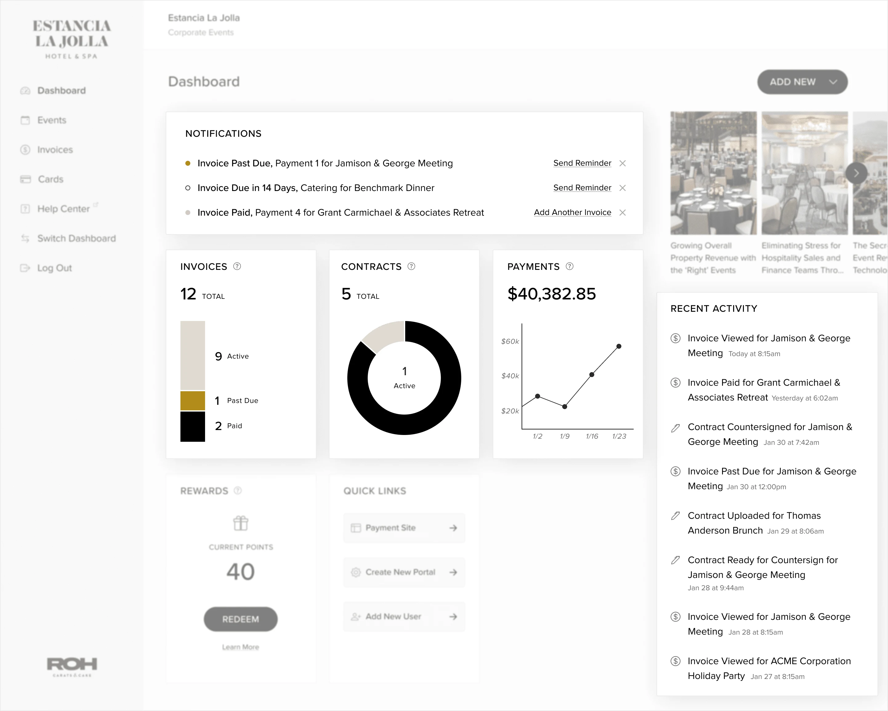 Notifications, quick insights and a recent activity feed all directly address the need for a venue admin to have quick, up-to-date insight into invoices & payments