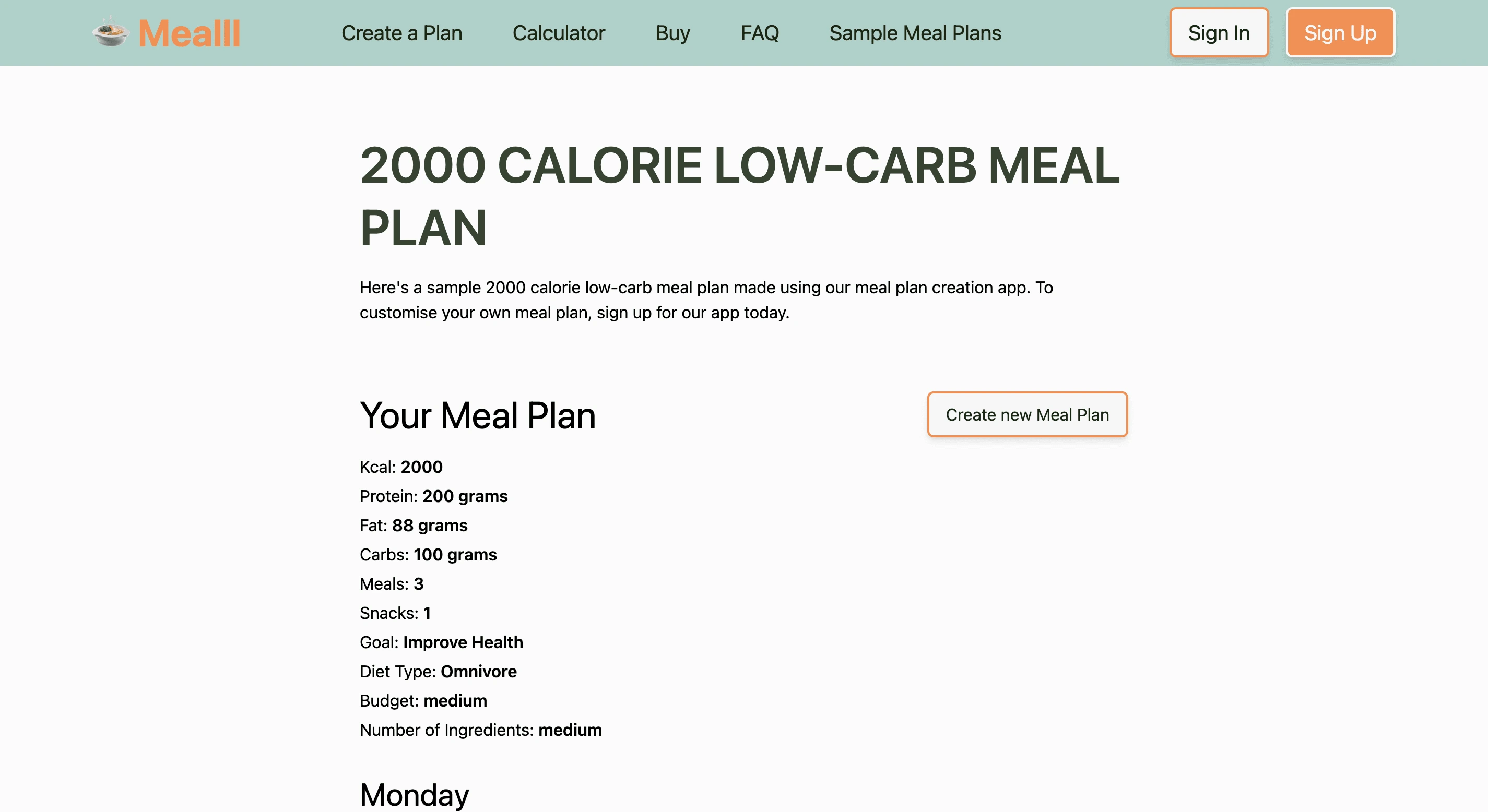 Sample meal plan built out for programmatic SEO