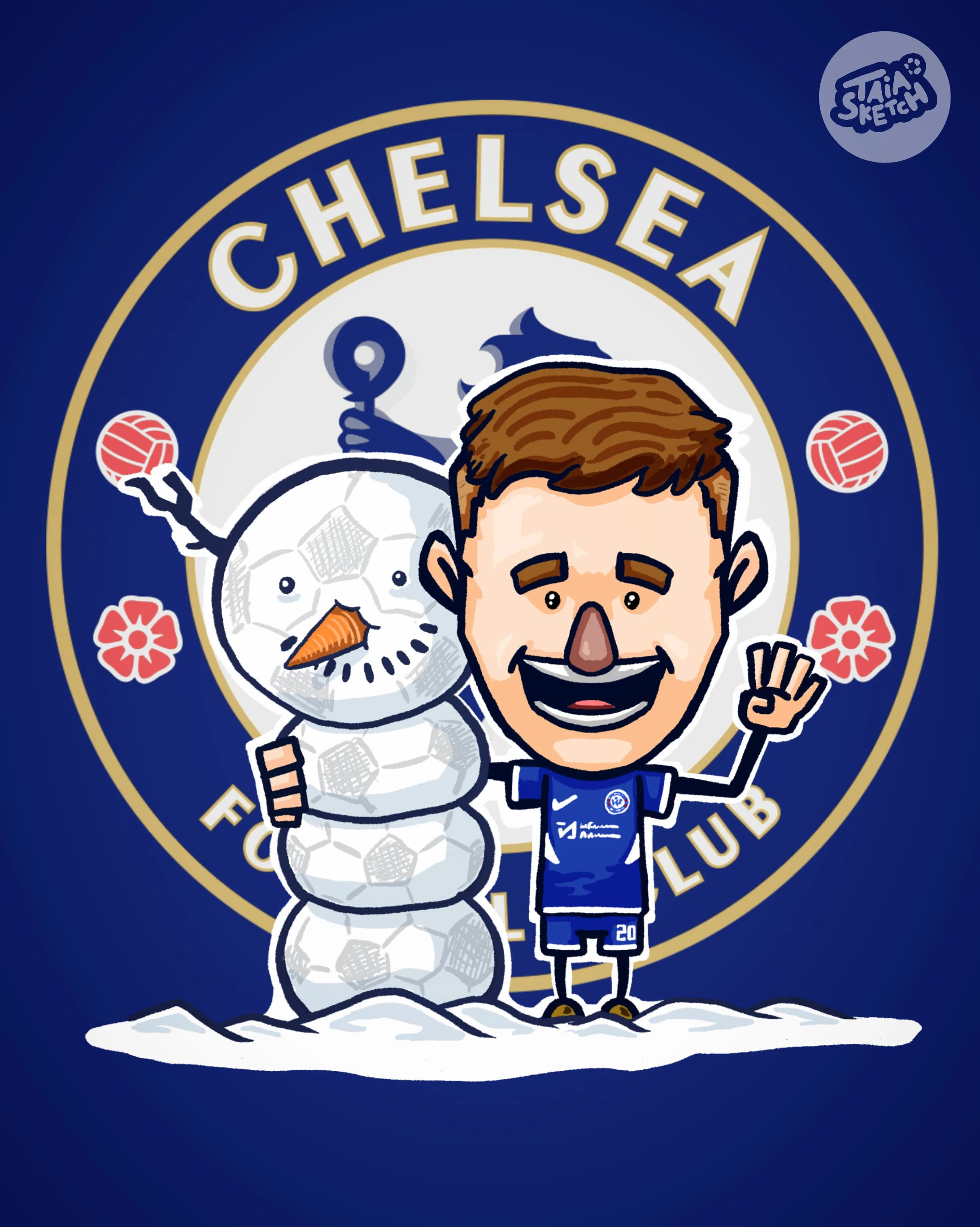 Digital Artwork showing a cartoon character of Palmer celebrating his Super Hat-Trick for Chelsea hince the snowman is made of 4 snow balls