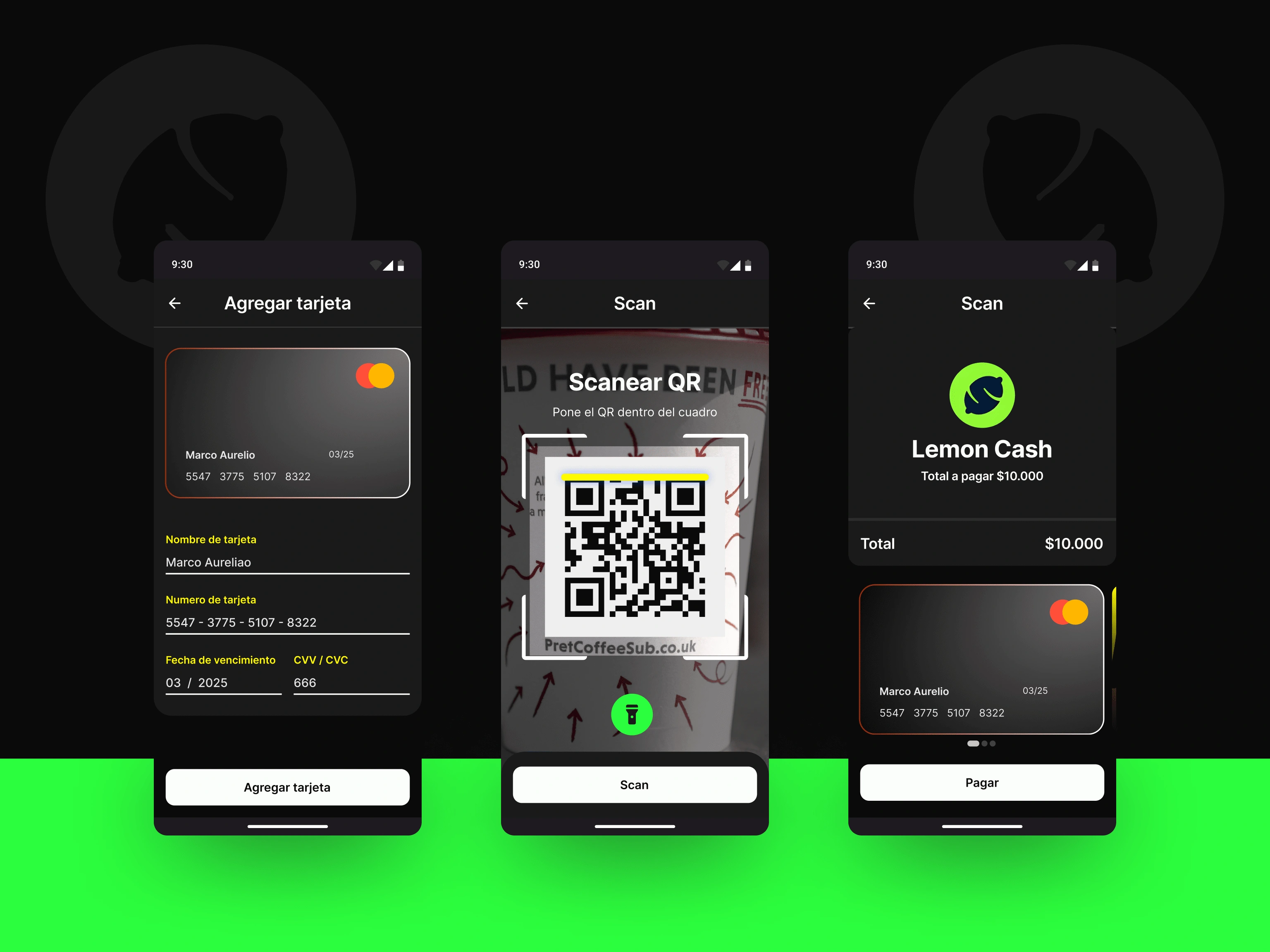 Lemon Cash screens | cards and QR