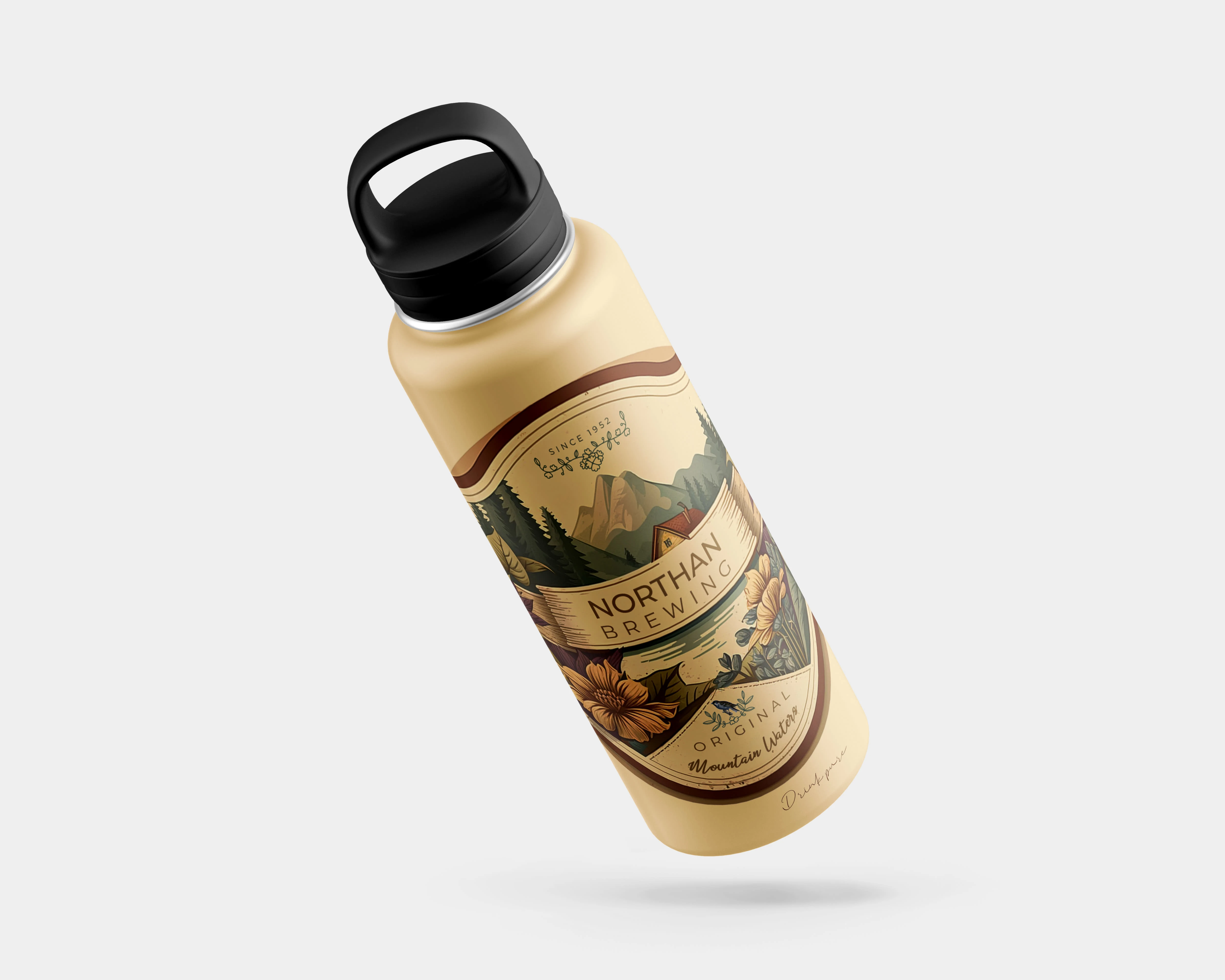 Side view mountain water bottle label design