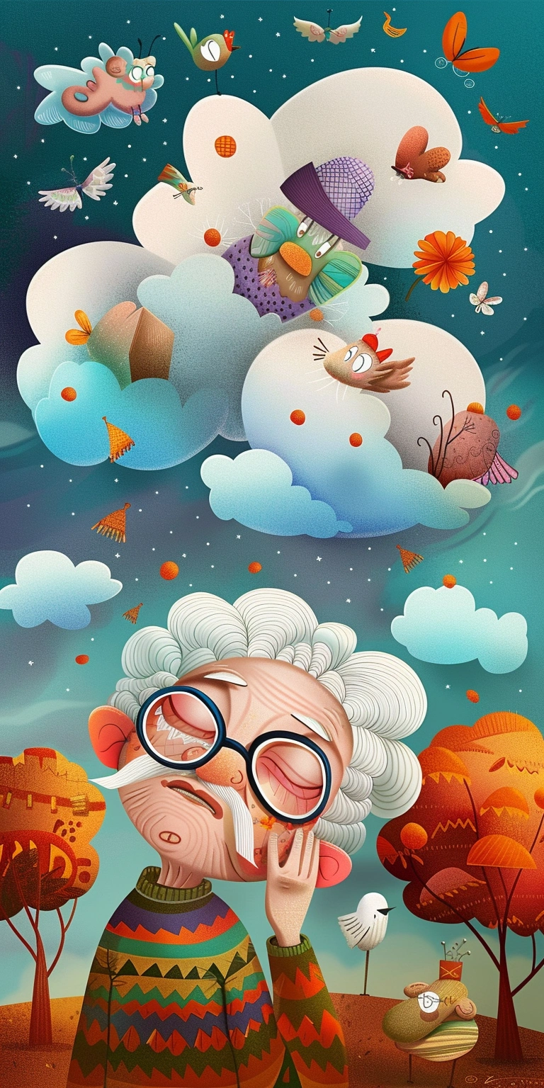 A whimsical, colorful illustration of an old man.