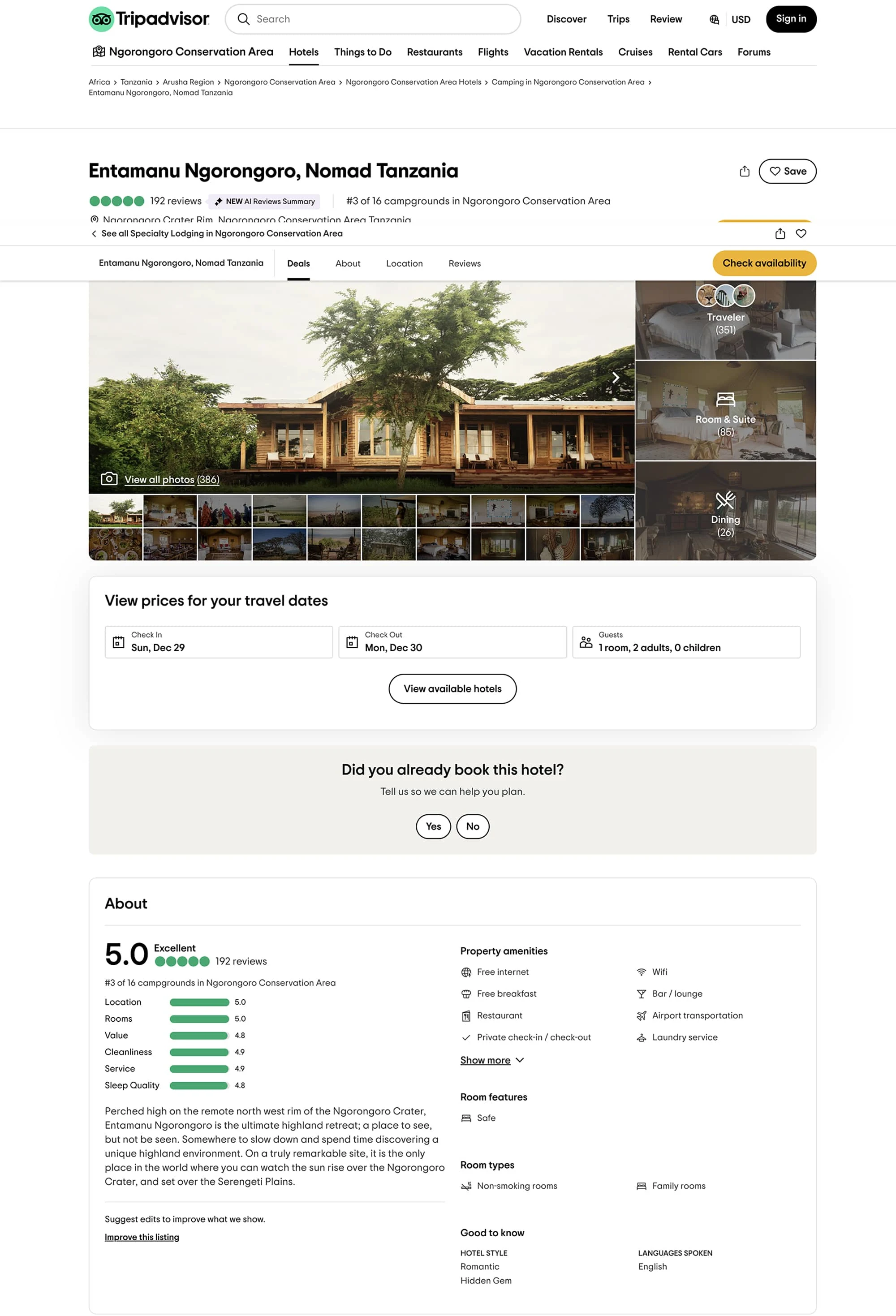 A preview of a well-managed TripAdvisor listing - Entamanu Ngorongoro Camp.