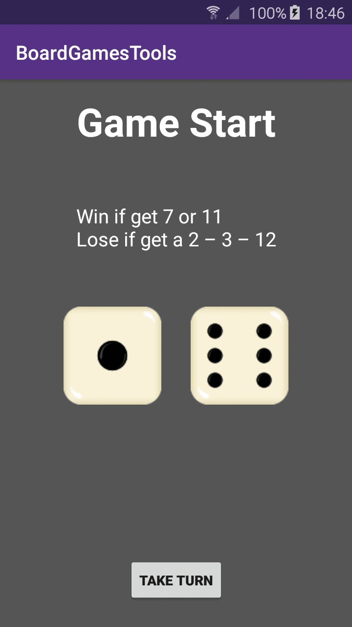 Craps game screen, it is a simple game for one or a group of persons that involve a pair of dice