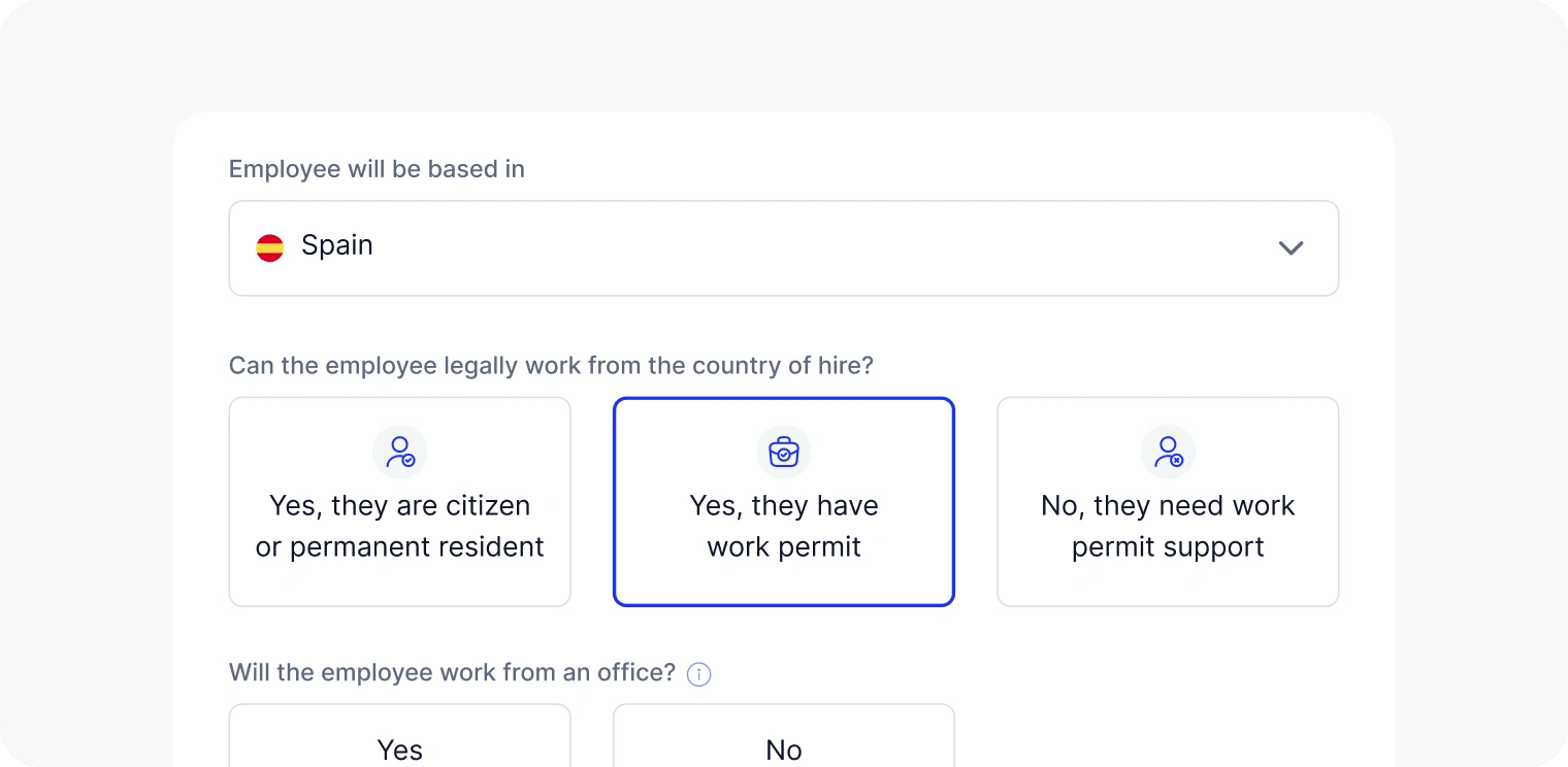 Built-in global compliance rules: The form is adjusted based on the selected country to get all the necessary information for creating a job contract that is compliant with local regulations.