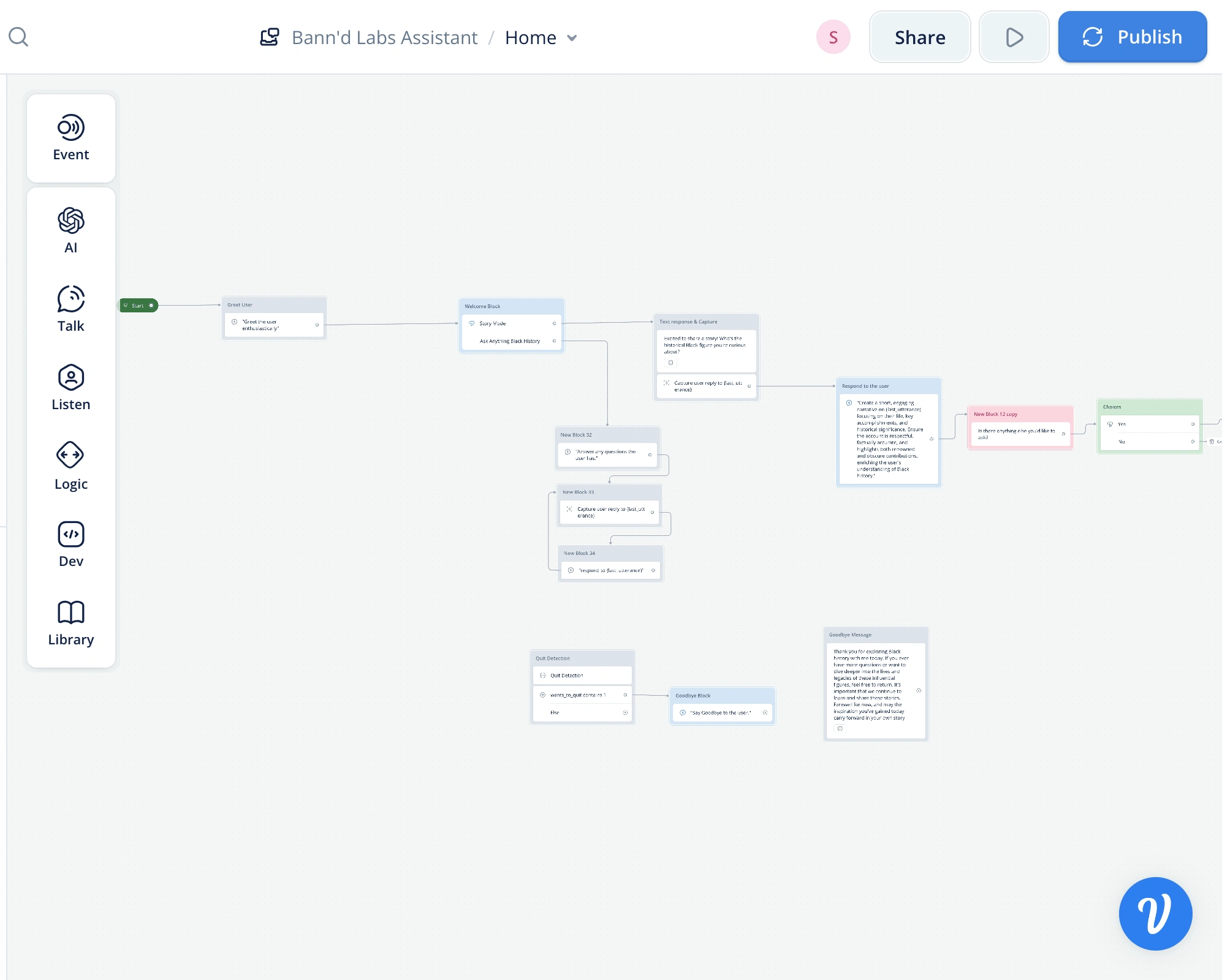 Voiceflow interface for creating the chatbot