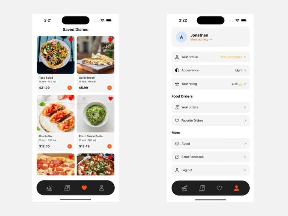 Saved Dishes and Profile Screen | React Native Application