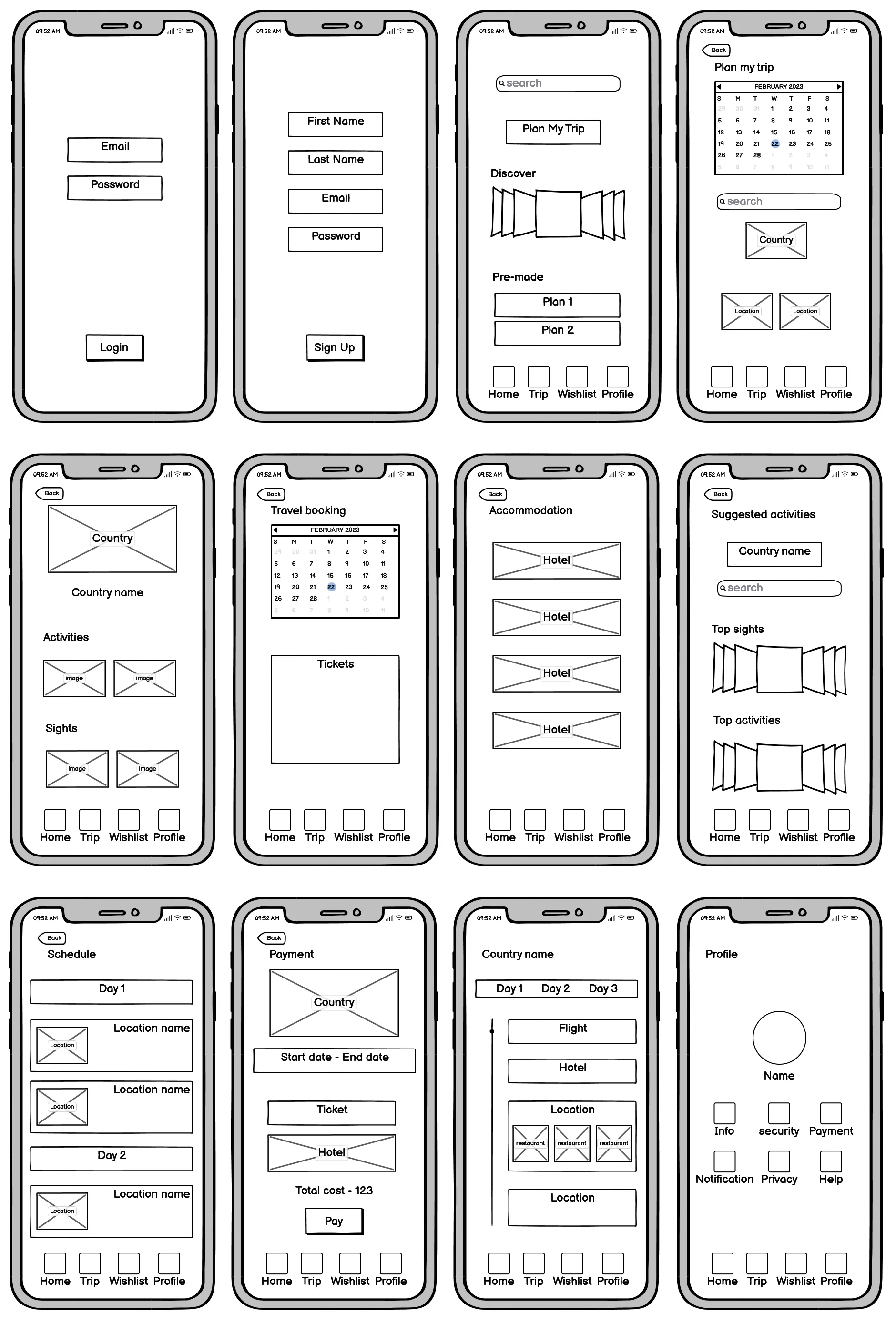 Final iteration wireframes of the app (created in Balsamiq)