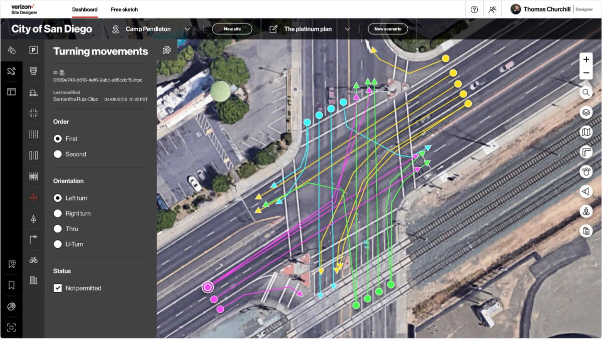 Map of road intersection with diagrams of traffic movement and turns