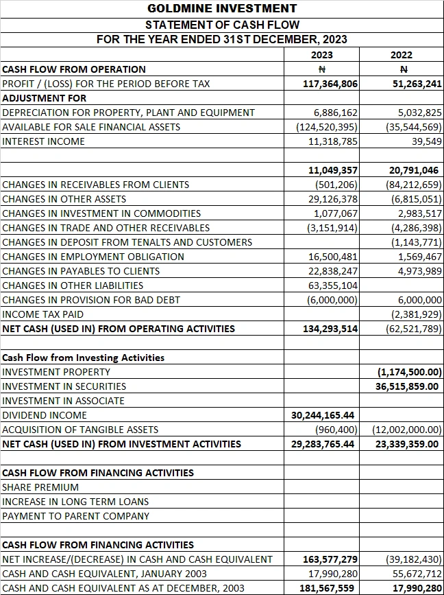 GOLDMINE INVESTMENT LIMITED- STATEMENT OF CASH FLOW FOR THE YEAR ENDED 31 DECEMBER, 2023