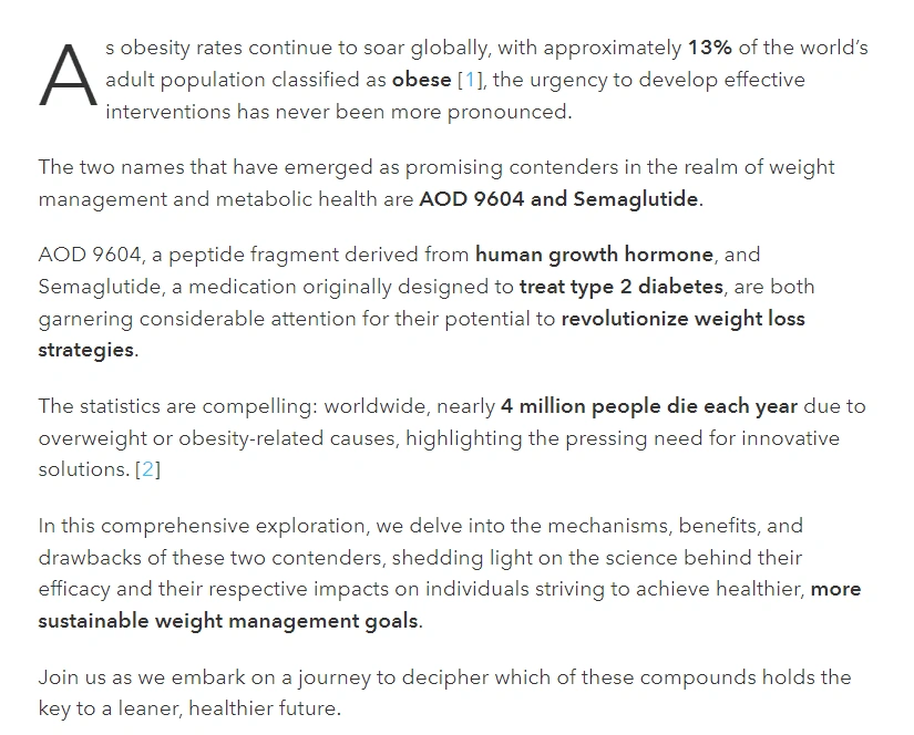 Excerpt from my published article "AOD 9604 vs. Semaglutide: Applications, Uses, and Considerations"