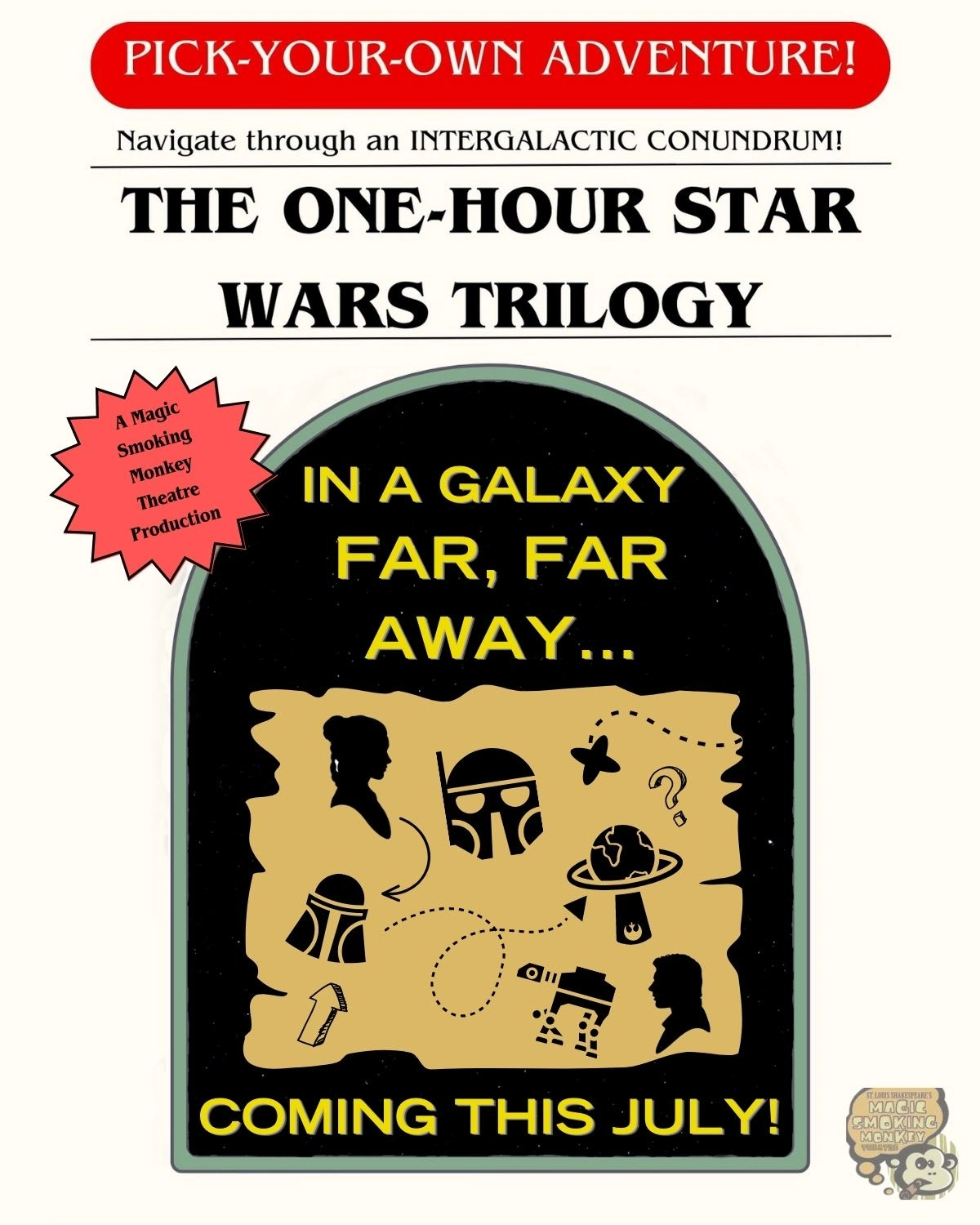 The inspired design contains the same RED and outline with nods to the theatre company and theme (starry background!) I also echoed the text of the book and the text of the original opening scroll in the Star Wars movies for fans to get excited about!