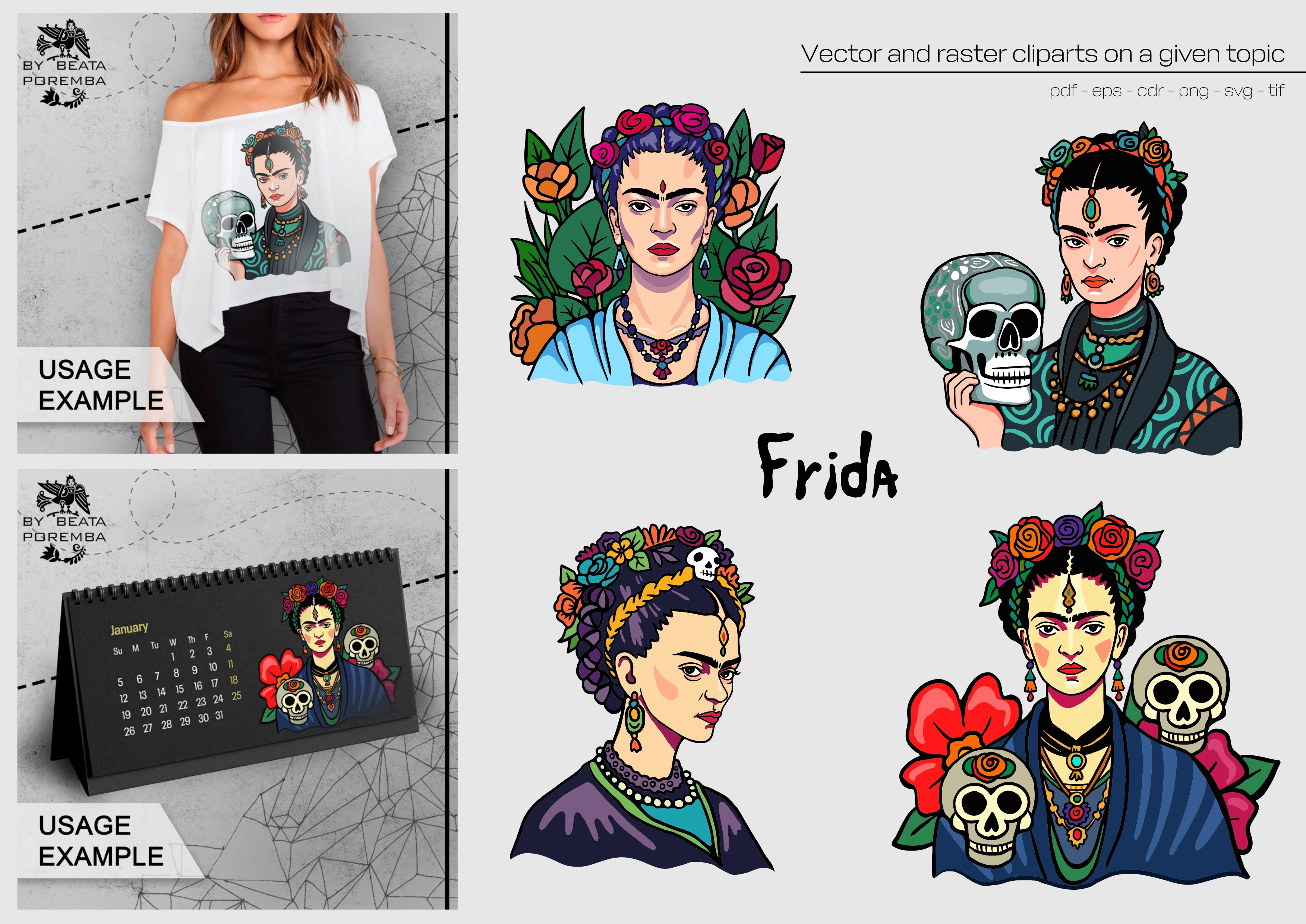 Merch design. Apparel. Frida Kahlo. Creating illustrations and examples of how to use. Mexican.