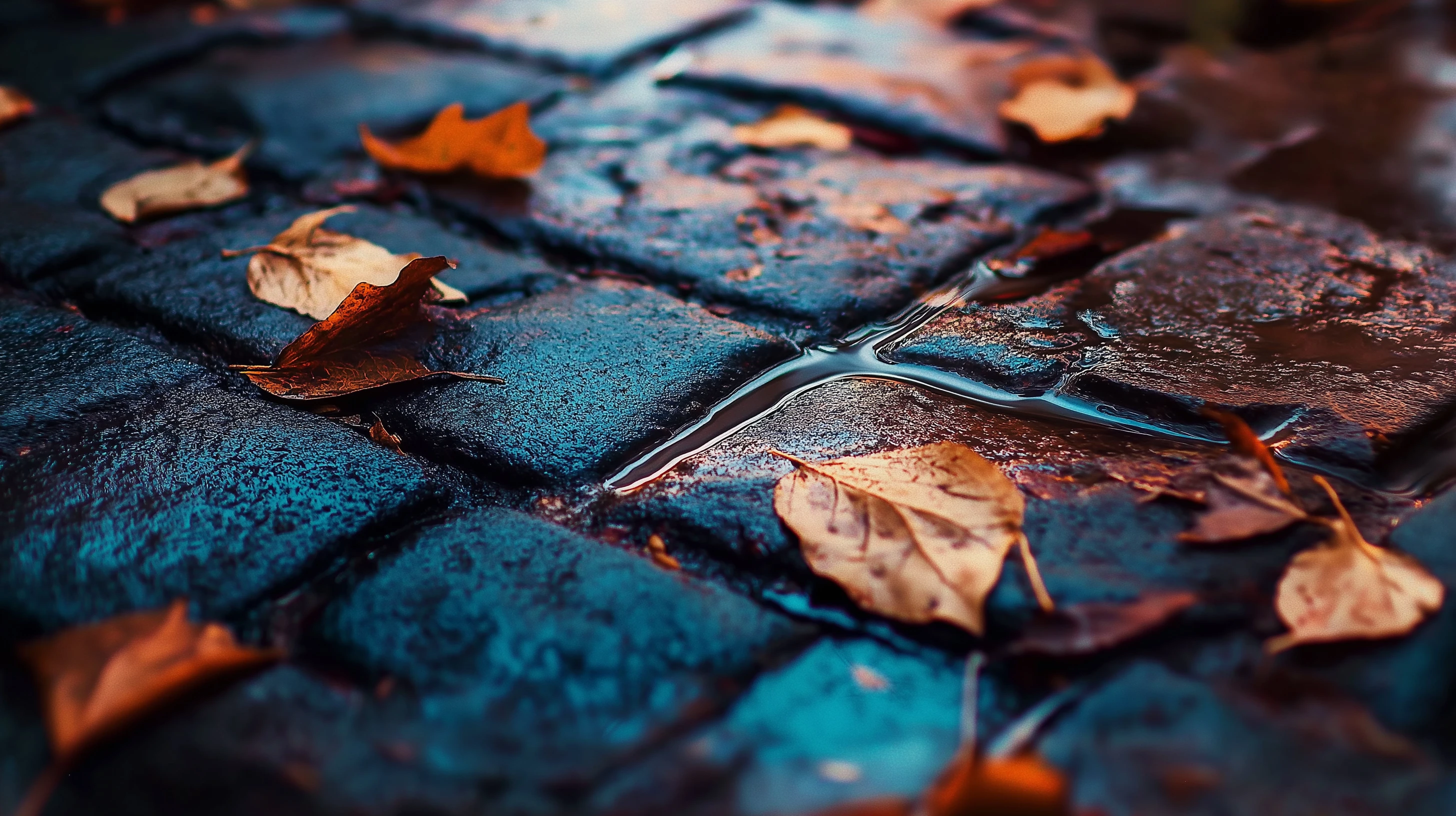 a close-up of a wet cobblestone path after rain