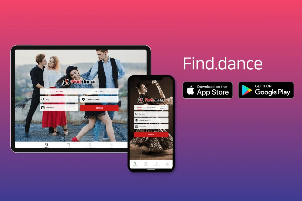 Find dance main screen running on an android  and a tablet devices