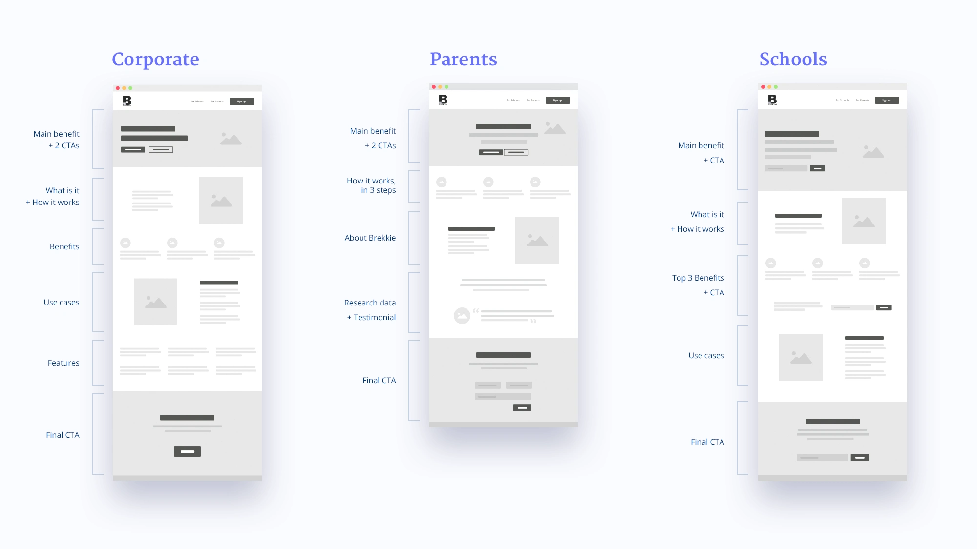 Wireframes organizing the information